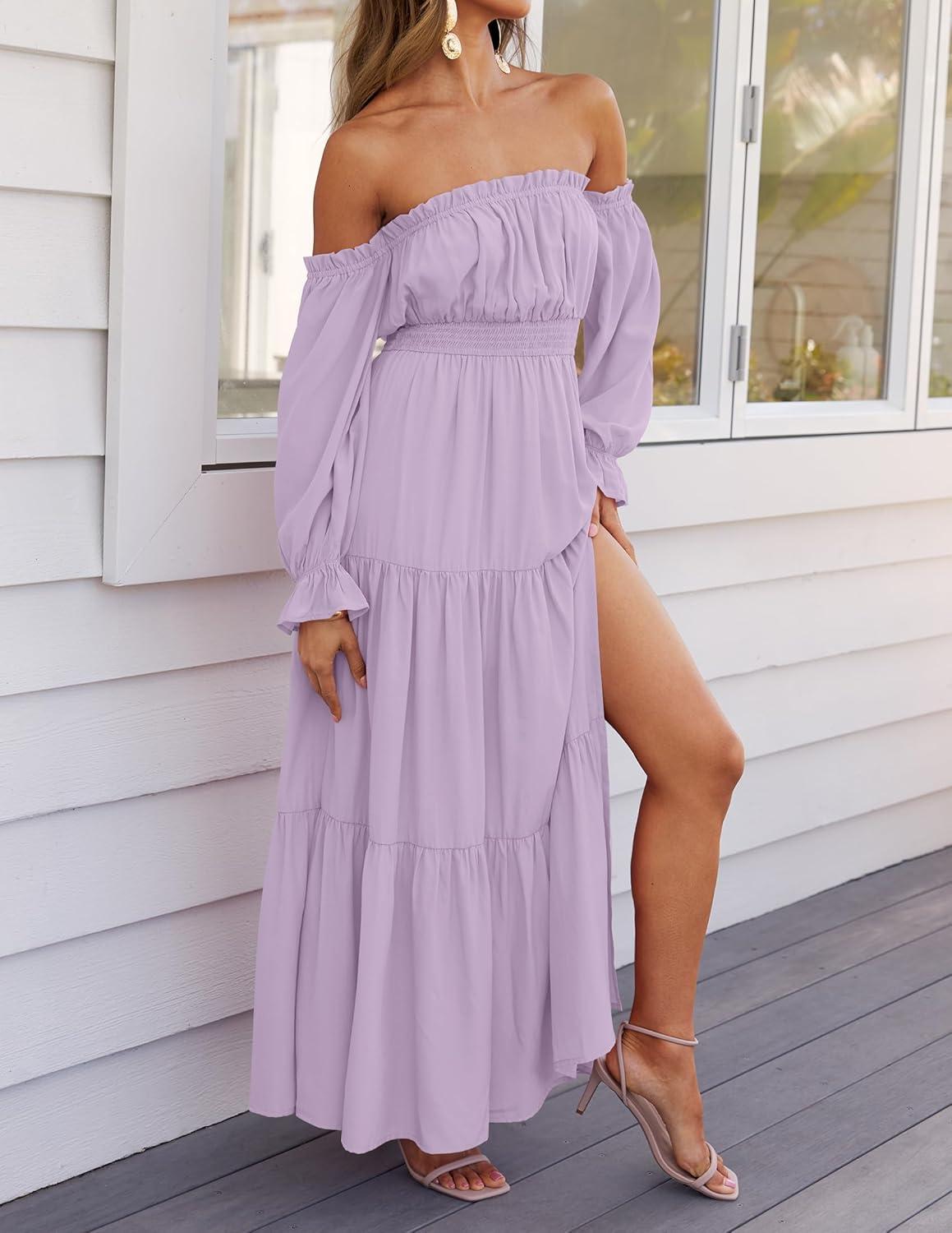 imageZESICA Womens 2026 Boho Sexy Off Shoulder Long Sleeve Smocked High Waist Side Split Flowy A Line Tiered Long Maxi DressPurple