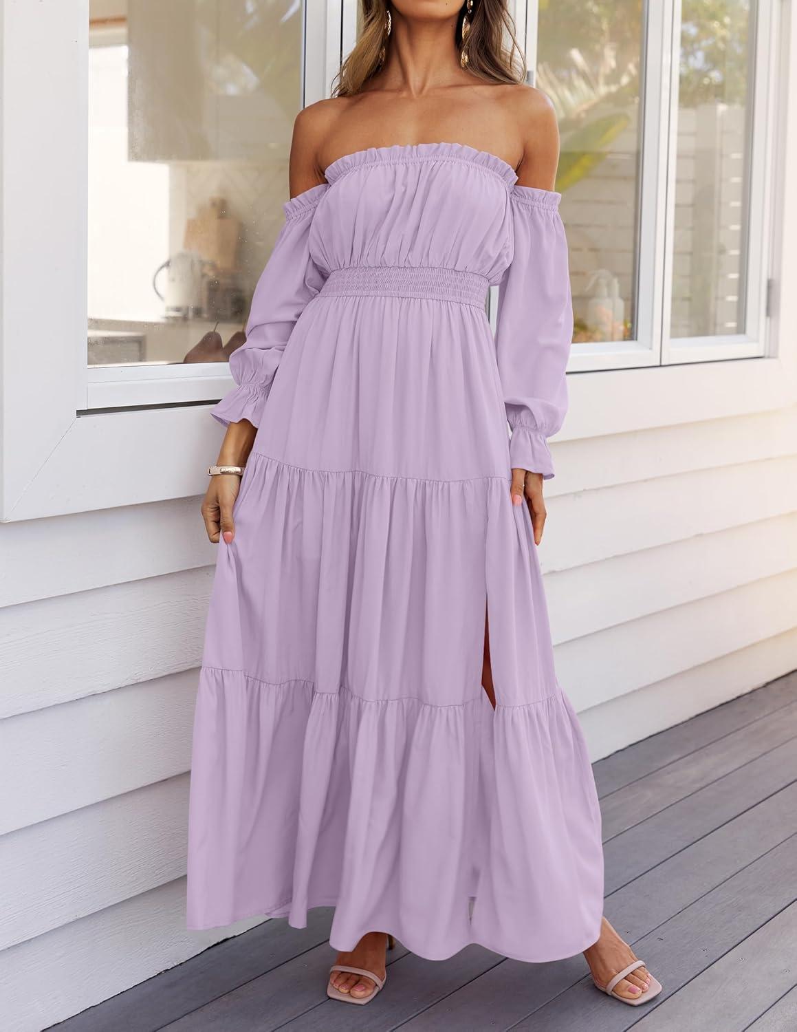 imageZESICA Womens 2026 Boho Sexy Off Shoulder Long Sleeve Smocked High Waist Side Split Flowy A Line Tiered Long Maxi DressPurple