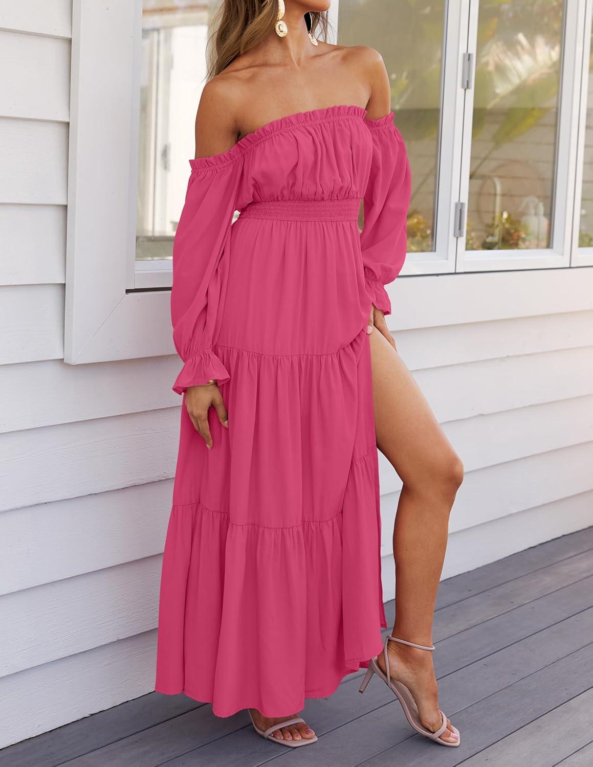 imageZESICA Womens 2026 Boho Sexy Off Shoulder Long Sleeve Smocked High Waist Side Split Flowy A Line Tiered Long Maxi DressRose