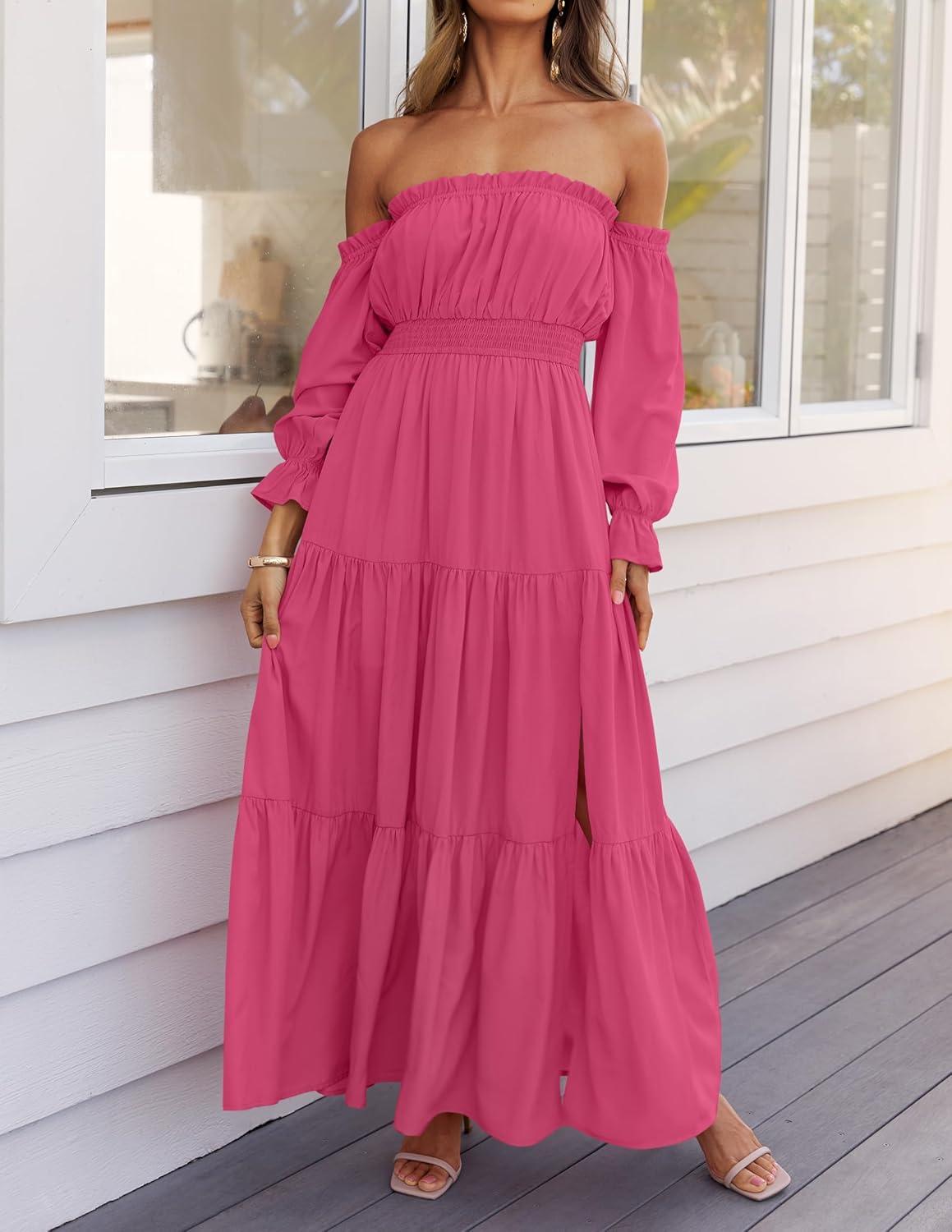 imageZESICA Womens 2026 Boho Sexy Off Shoulder Long Sleeve Smocked High Waist Side Split Flowy A Line Tiered Long Maxi DressRose