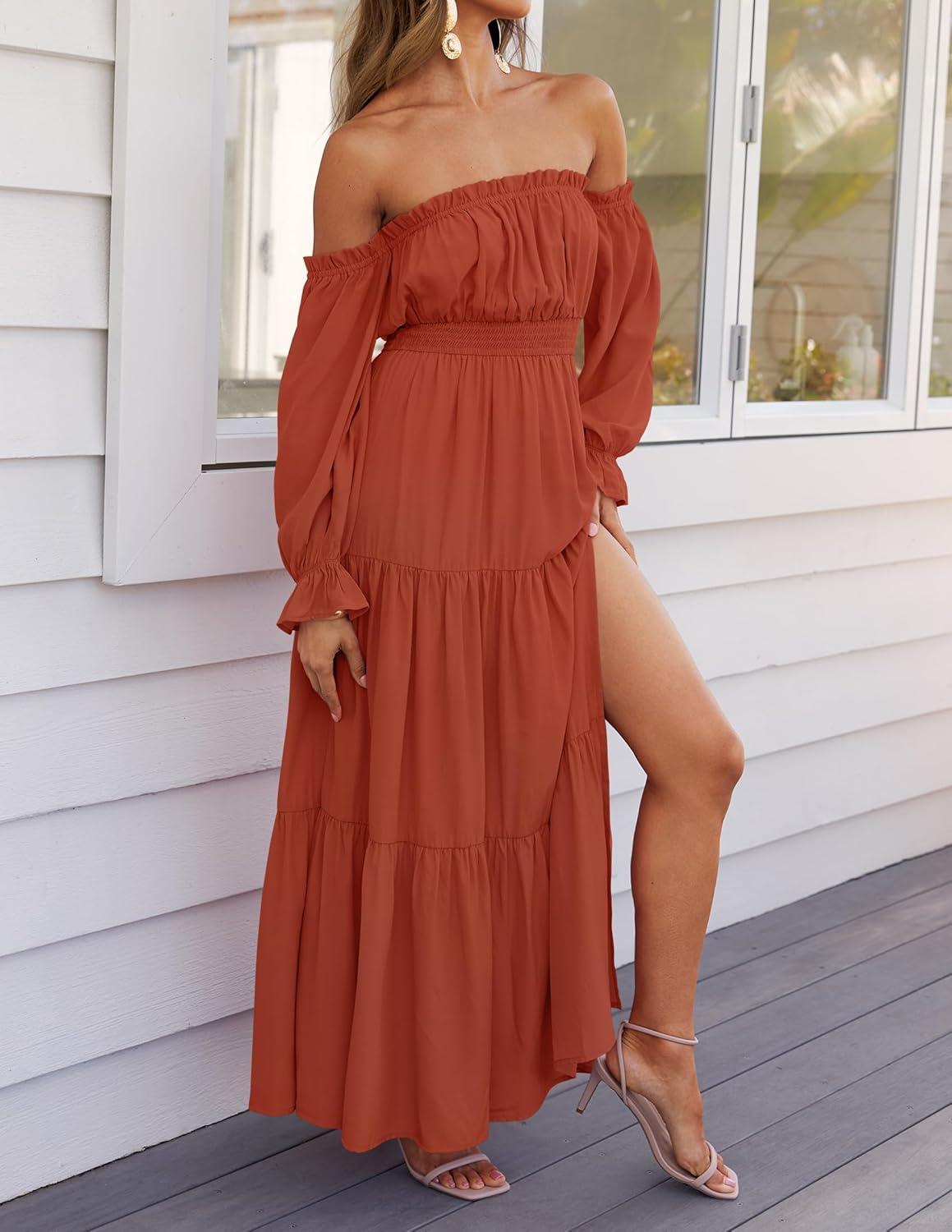 imageZESICA Womens 2026 Boho Sexy Off Shoulder Long Sleeve Smocked High Waist Side Split Flowy A Line Tiered Long Maxi DressRust