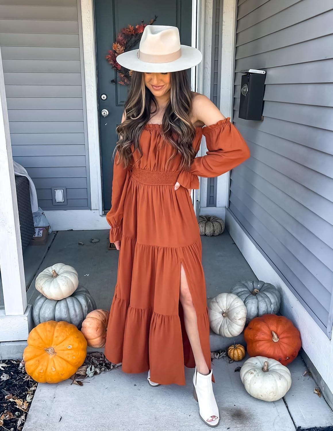imageZESICA Womens 2026 Boho Sexy Off Shoulder Long Sleeve Smocked High Waist Side Split Flowy A Line Tiered Long Maxi DressRust