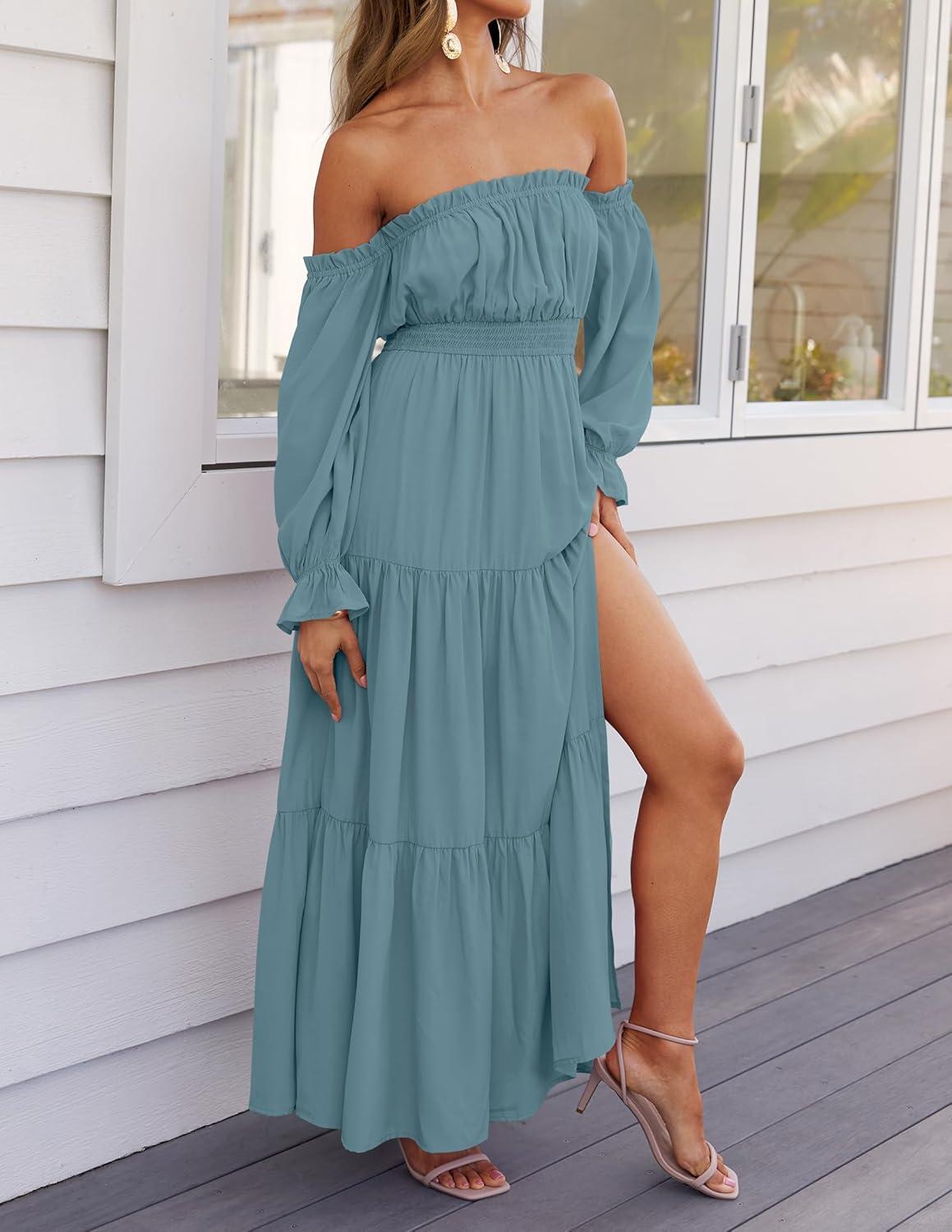 imageZESICA Womens 2026 Boho Sexy Off Shoulder Long Sleeve Smocked High Waist Side Split Flowy A Line Tiered Long Maxi DressTeal