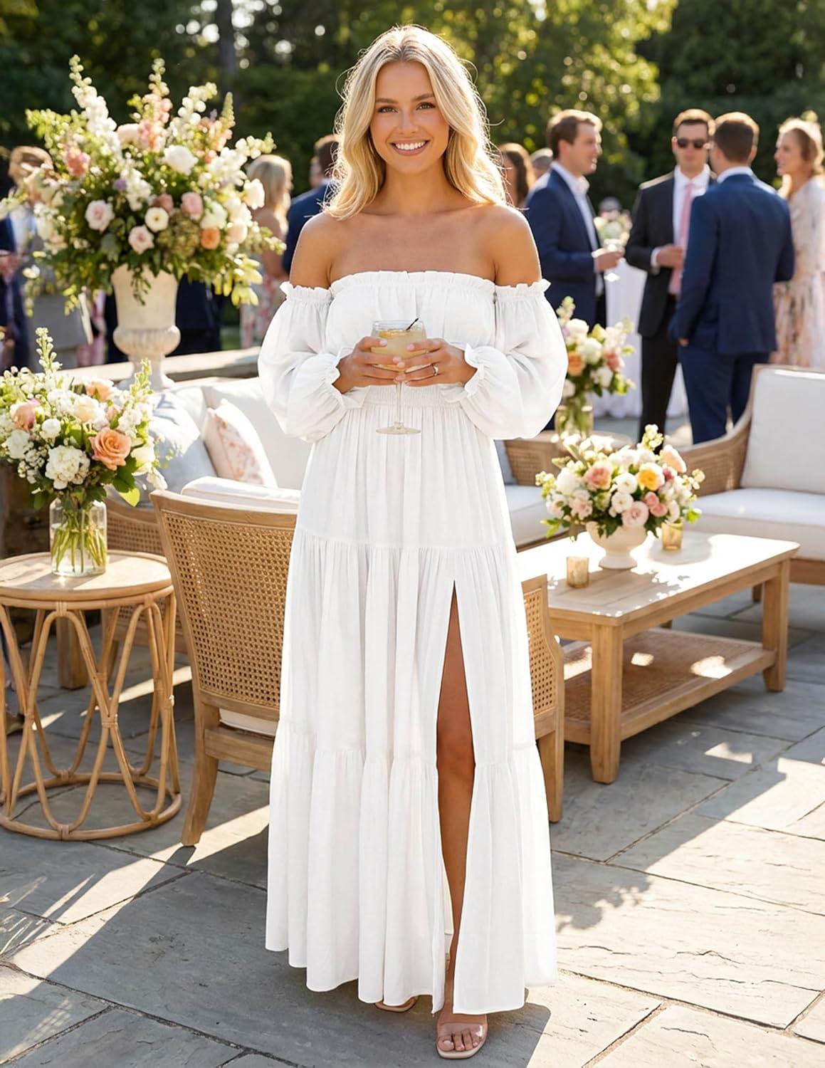 imageZESICA Womens 2026 Boho Sexy Off Shoulder Long Sleeve Smocked High Waist Side Split Flowy A Line Tiered Long Maxi DressWhite