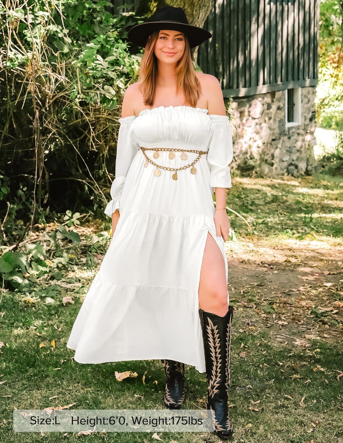 imageZESICA Womens 2026 Boho Sexy Off Shoulder Long Sleeve Smocked High Waist Side Split Flowy A Line Tiered Long Maxi DressWhite