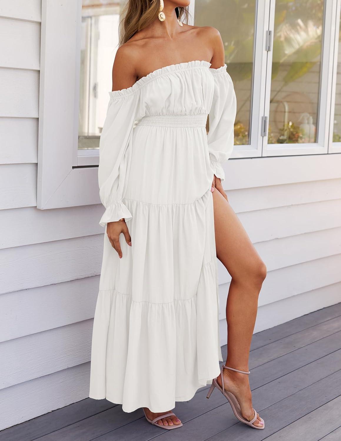 imageZESICA Womens 2026 Boho Sexy Off Shoulder Long Sleeve Smocked High Waist Side Split Flowy A Line Tiered Long Maxi DressWhite