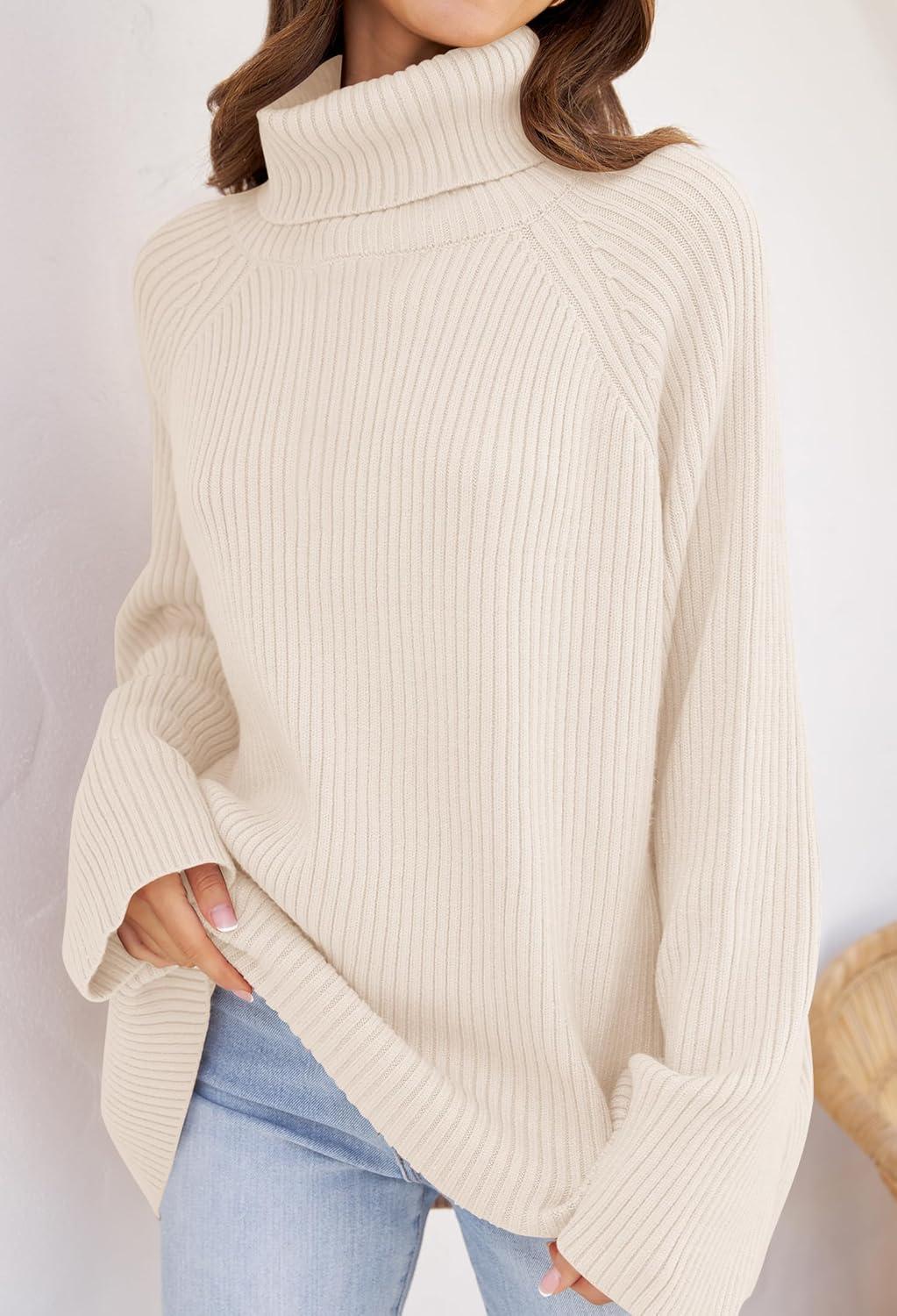 imageZESICA Womens 2026 Fall Winter Sweaters Oversized Turtleneck Long Sleeve Chunky Knitted Pullover Sweater Jumper TopsApricot