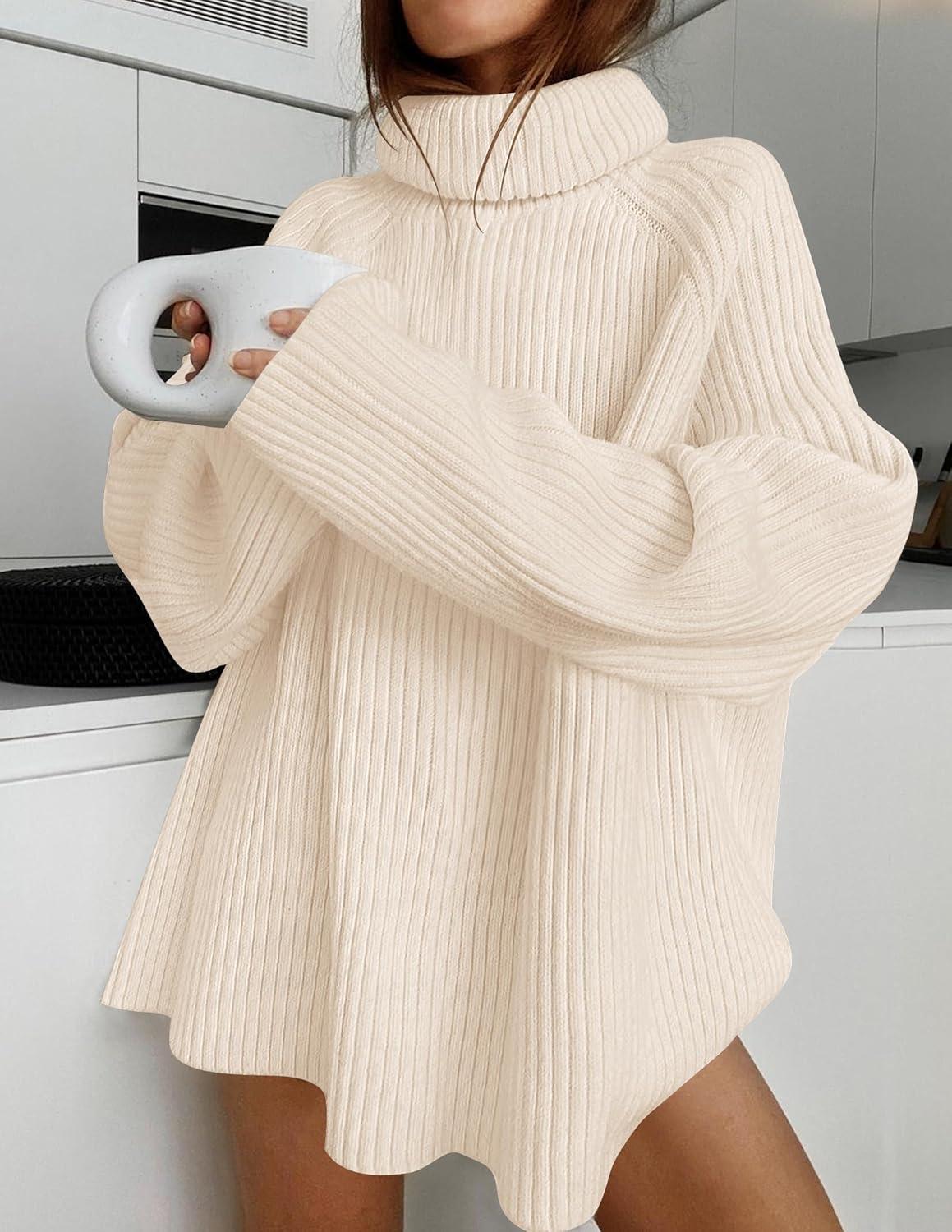 imageZESICA Womens 2026 Fall Winter Sweaters Oversized Turtleneck Long Sleeve Chunky Knitted Pullover Sweater Jumper TopsApricot
