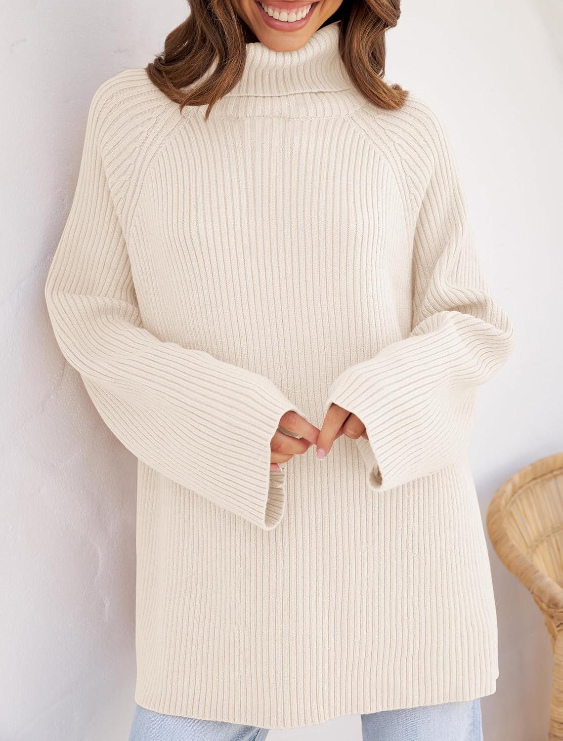 imageZESICA Womens 2026 Fall Winter Sweaters Oversized Turtleneck Long Sleeve Chunky Knitted Pullover Sweater Jumper TopsApricot