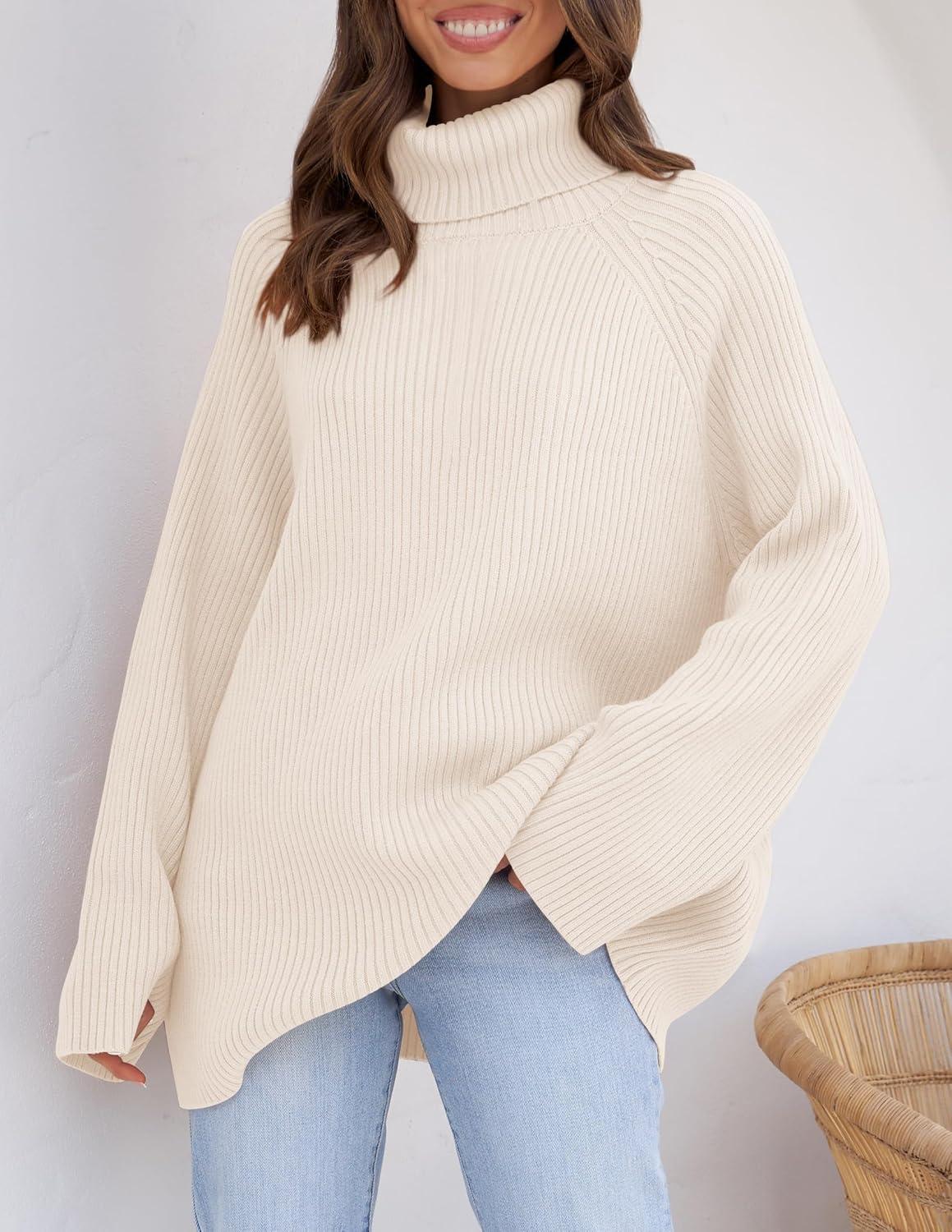 imageZESICA Womens 2026 Fall Winter Sweaters Oversized Turtleneck Long Sleeve Chunky Knitted Pullover Sweater Jumper TopsApricot