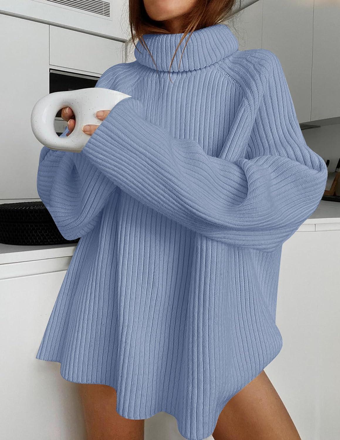 imageZESICA Womens 2026 Fall Winter Sweaters Oversized Turtleneck Long Sleeve Chunky Knitted Pullover Sweater Jumper TopsBlue