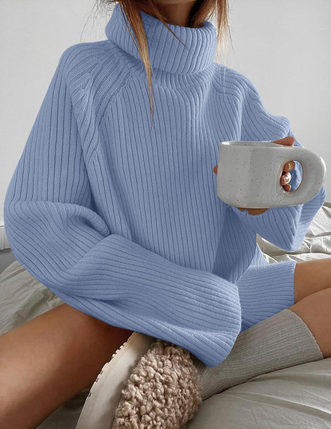 imageZESICA Womens 2026 Fall Winter Sweaters Oversized Turtleneck Long Sleeve Chunky Knitted Pullover Sweater Jumper TopsBlue