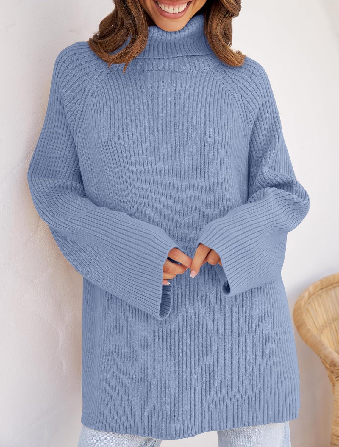 imageZESICA Womens 2026 Fall Winter Sweaters Oversized Turtleneck Long Sleeve Chunky Knitted Pullover Sweater Jumper TopsBlue