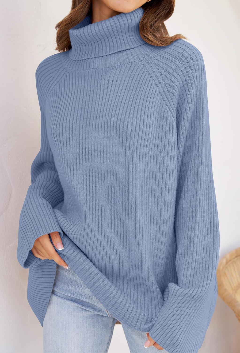 imageZESICA Womens 2026 Fall Winter Sweaters Oversized Turtleneck Long Sleeve Chunky Knitted Pullover Sweater Jumper TopsBlue