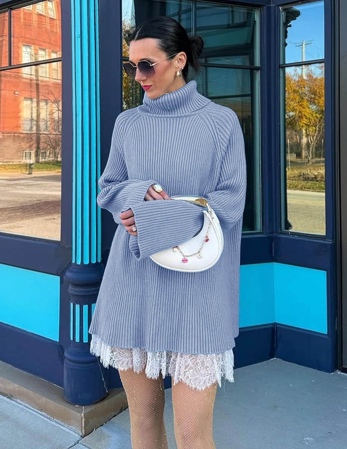 imageZESICA Womens 2026 Fall Winter Sweaters Oversized Turtleneck Long Sleeve Chunky Knitted Pullover Sweater Jumper TopsBlue