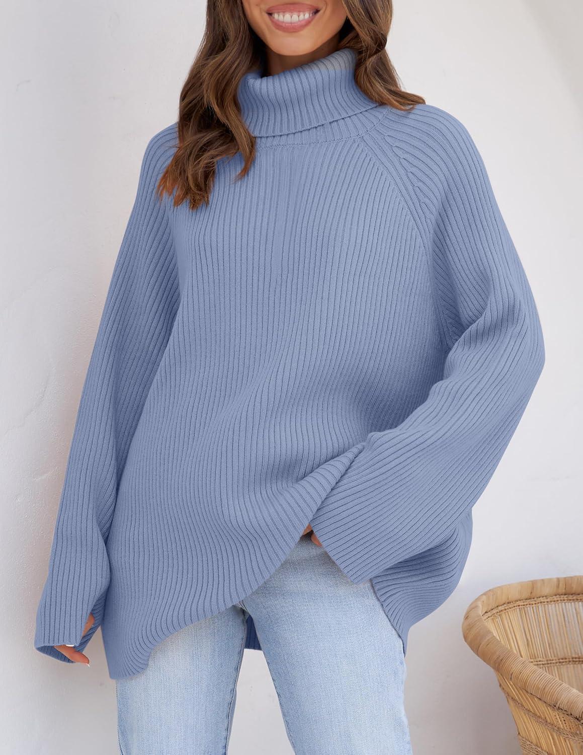 imageZESICA Womens 2026 Fall Winter Sweaters Oversized Turtleneck Long Sleeve Chunky Knitted Pullover Sweater Jumper TopsBlue