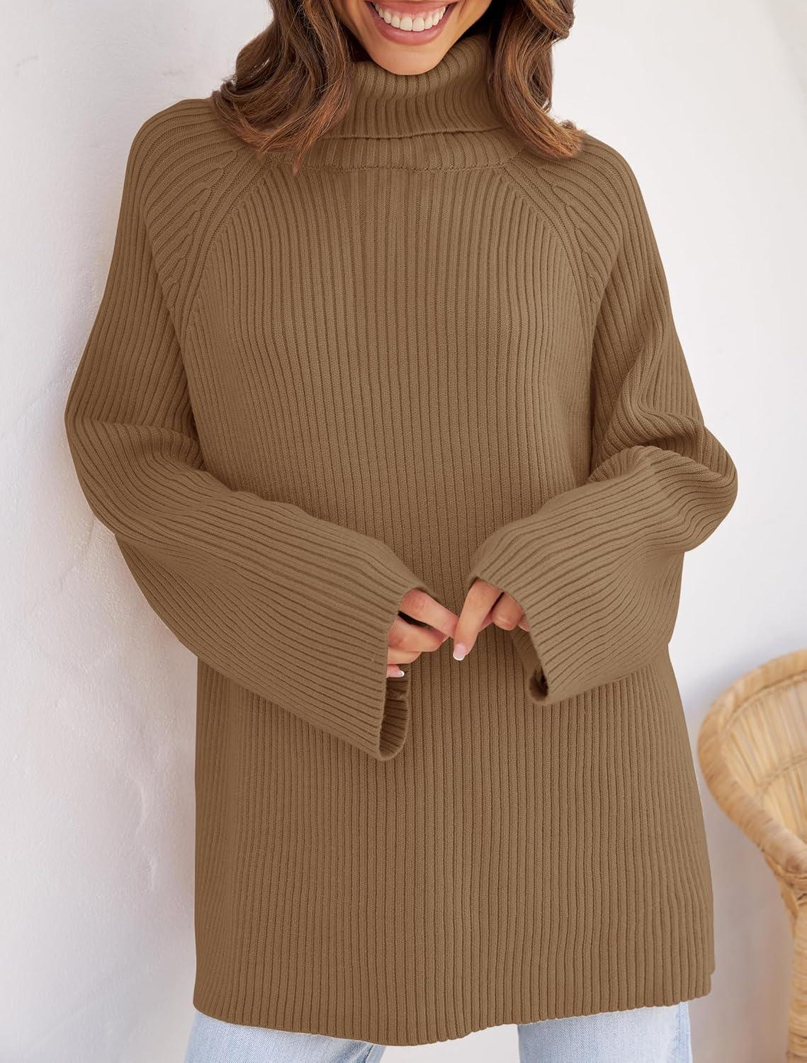 imageZESICA Womens 2026 Fall Winter Sweaters Oversized Turtleneck Long Sleeve Chunky Knitted Pullover Sweater Jumper TopsBrown