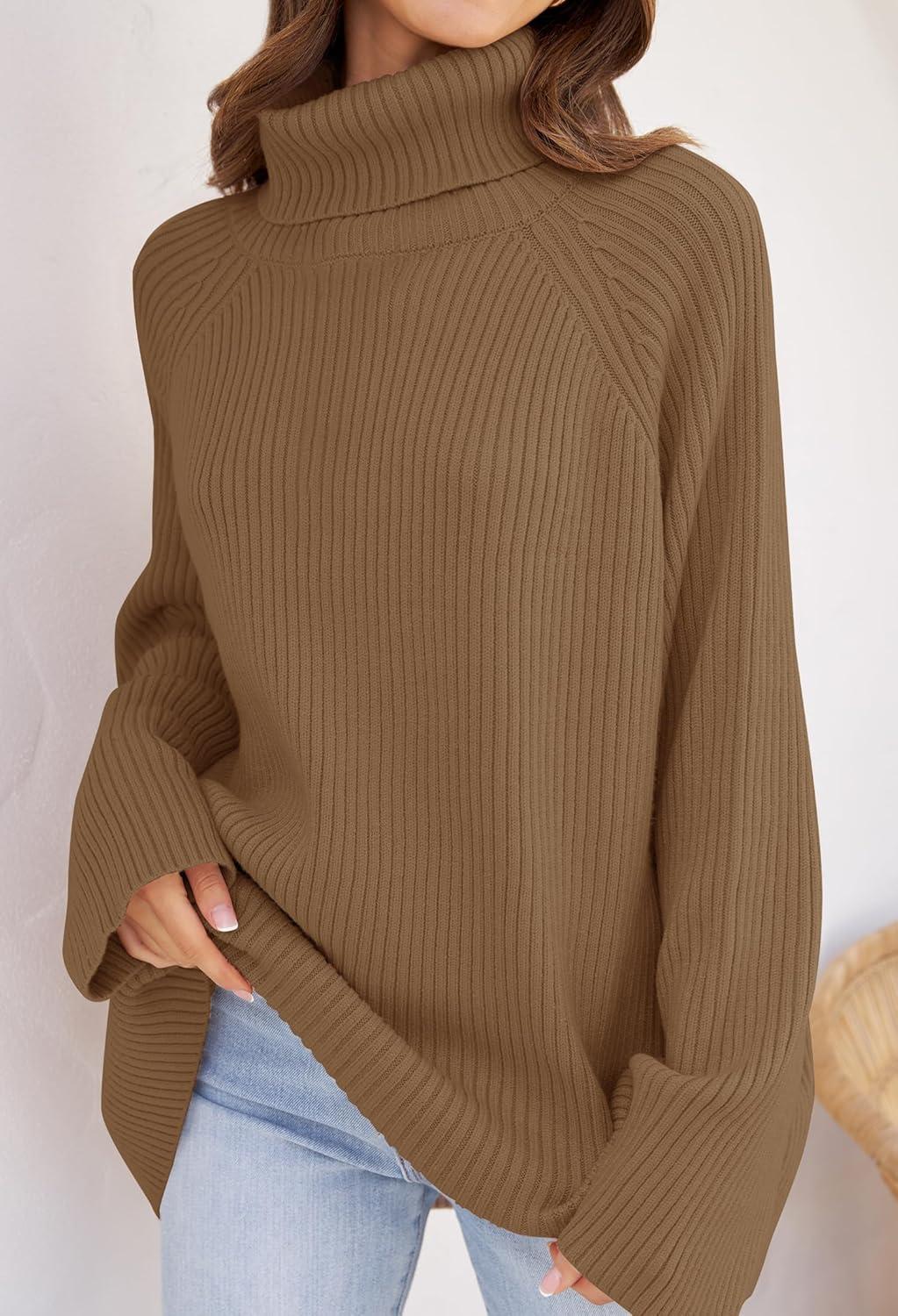 imageZESICA Womens 2026 Fall Winter Sweaters Oversized Turtleneck Long Sleeve Chunky Knitted Pullover Sweater Jumper TopsBrown