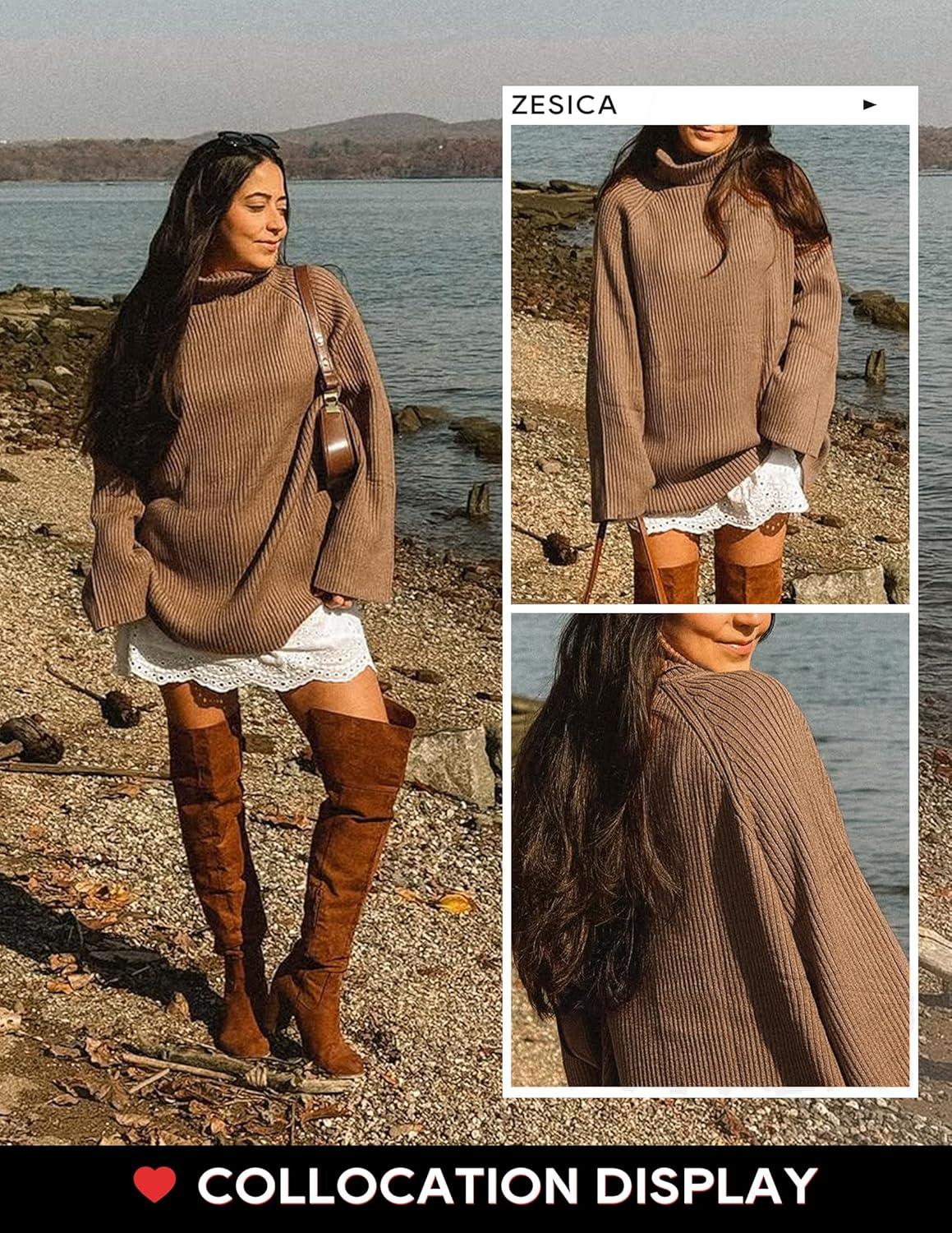 imageZESICA Womens 2026 Fall Winter Sweaters Oversized Turtleneck Long Sleeve Chunky Knitted Pullover Sweater Jumper TopsBrown