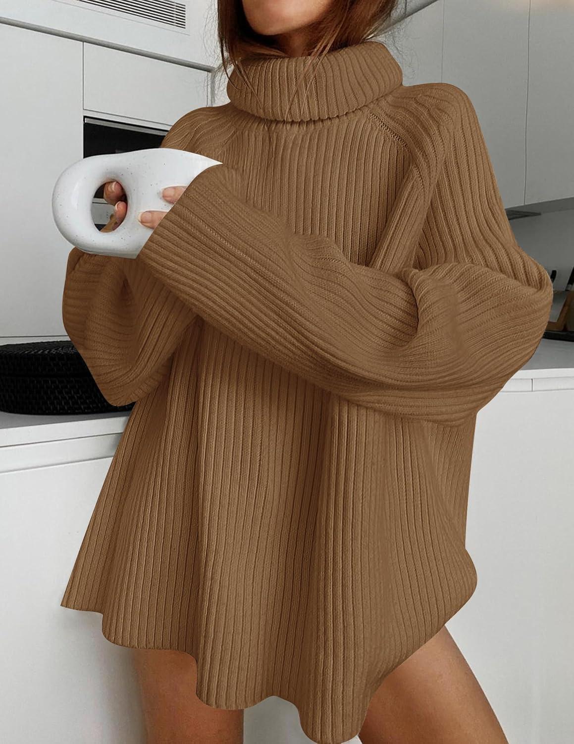 imageZESICA Womens 2026 Fall Winter Sweaters Oversized Turtleneck Long Sleeve Chunky Knitted Pullover Sweater Jumper TopsBrown