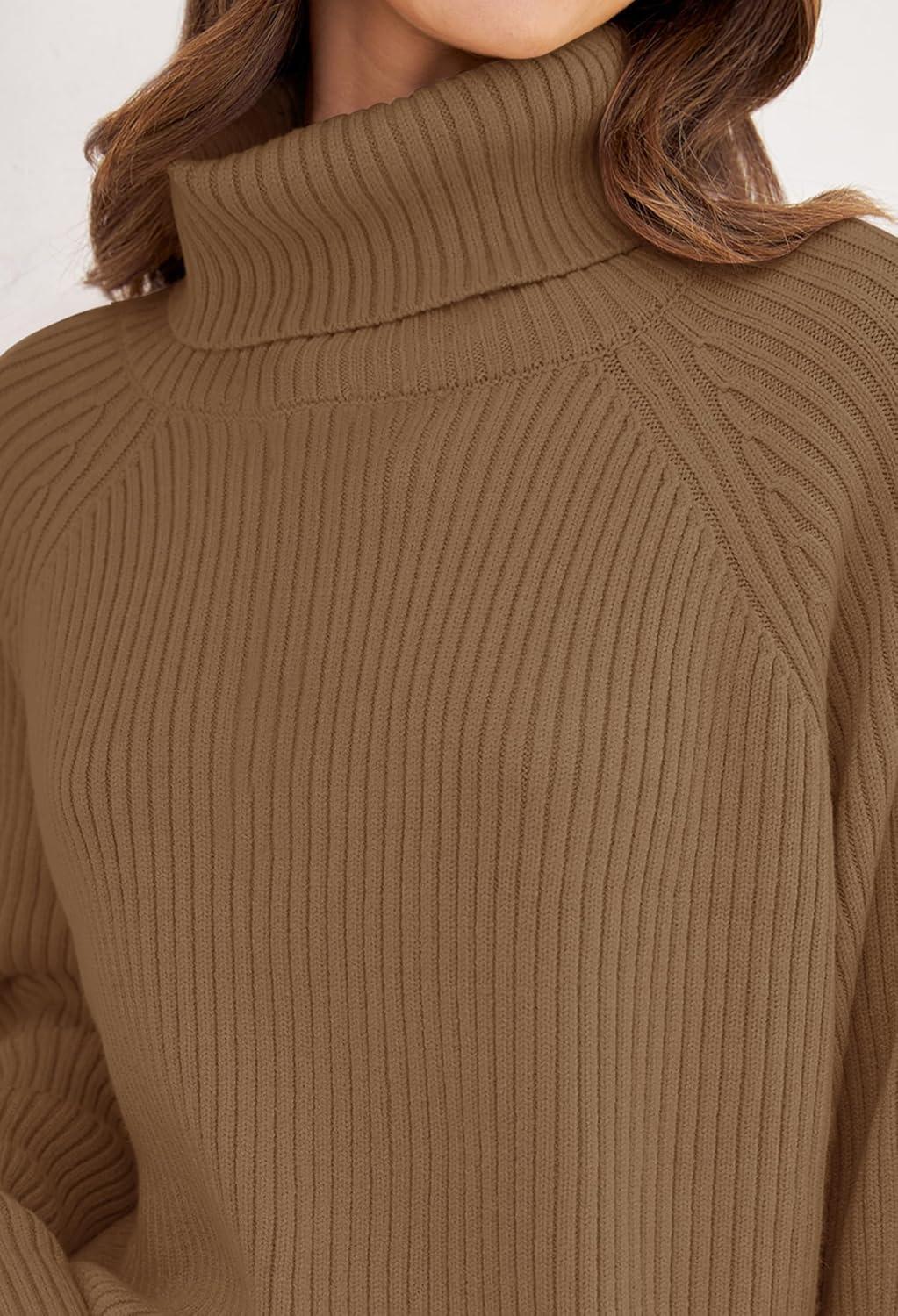 imageZESICA Womens 2026 Fall Winter Sweaters Oversized Turtleneck Long Sleeve Chunky Knitted Pullover Sweater Jumper TopsBrown