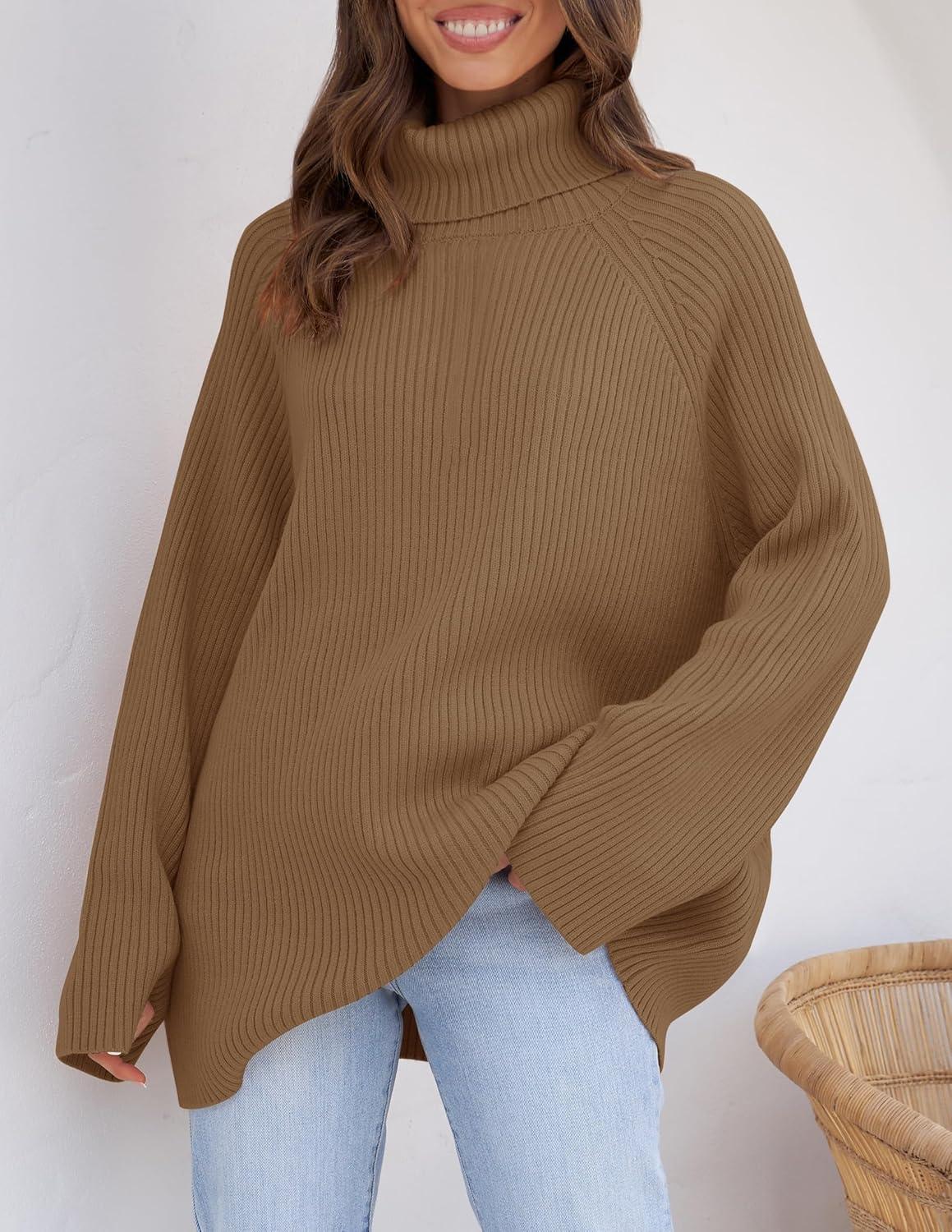 imageZESICA Womens 2026 Fall Winter Sweaters Oversized Turtleneck Long Sleeve Chunky Knitted Pullover Sweater Jumper TopsBrown