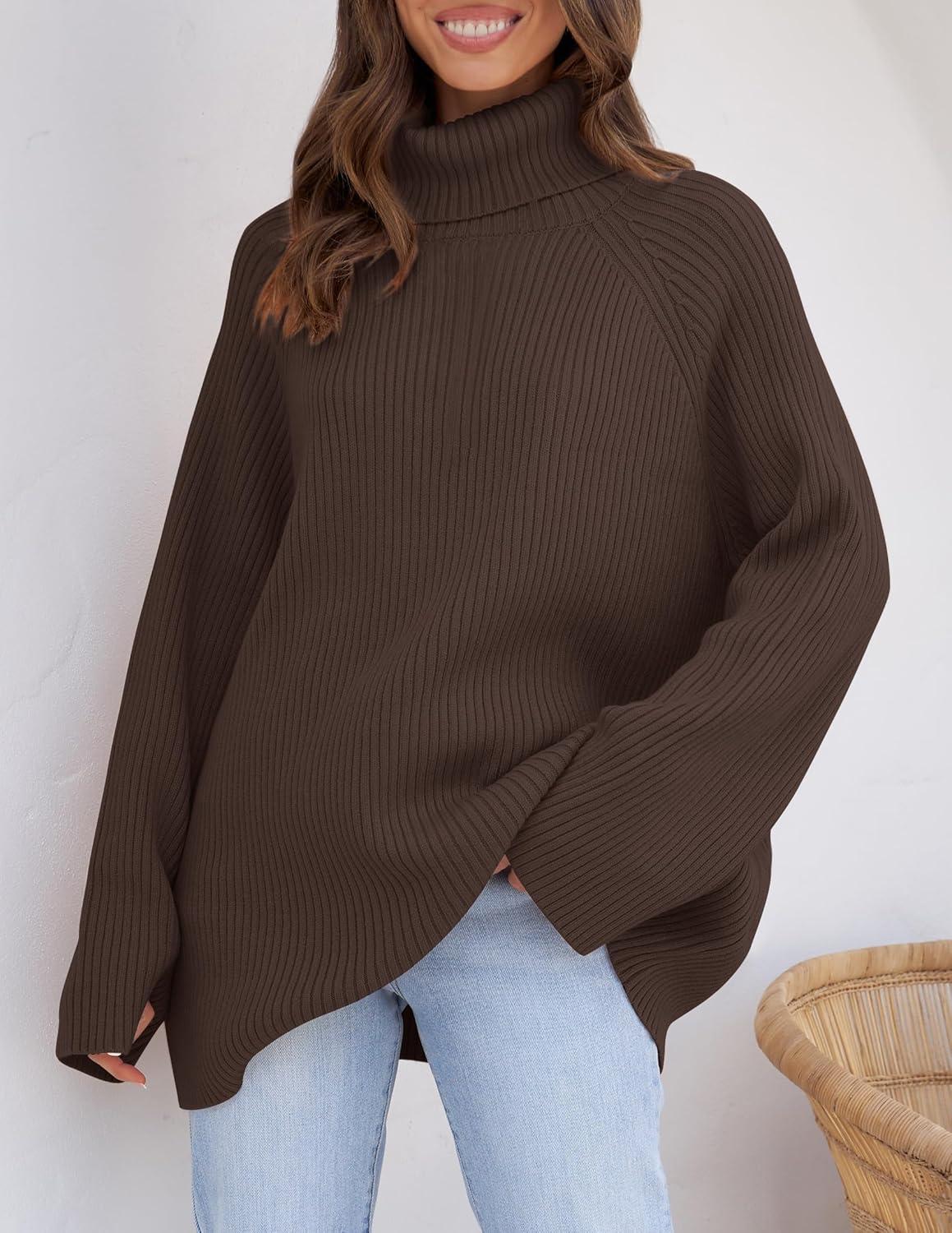 imageZESICA Womens 2026 Fall Winter Sweaters Oversized Turtleneck Long Sleeve Chunky Knitted Pullover Sweater Jumper TopsCoffee