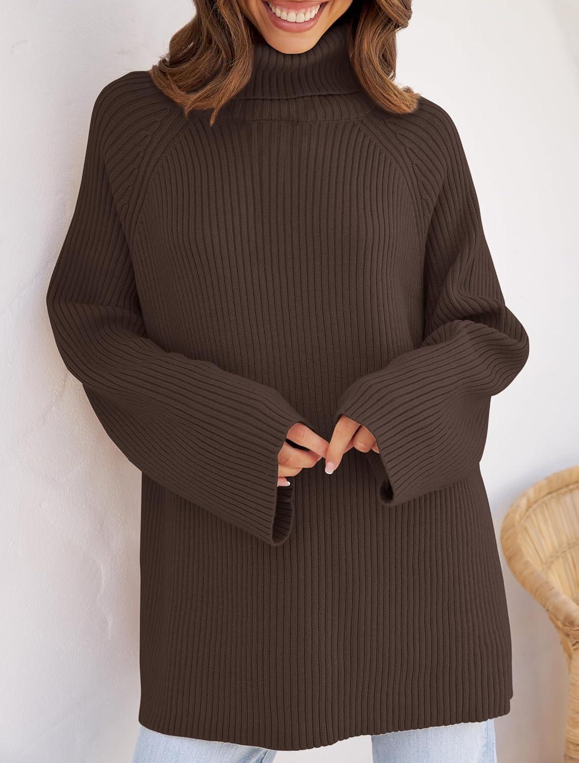 imageZESICA Womens 2026 Fall Winter Sweaters Oversized Turtleneck Long Sleeve Chunky Knitted Pullover Sweater Jumper TopsCoffee