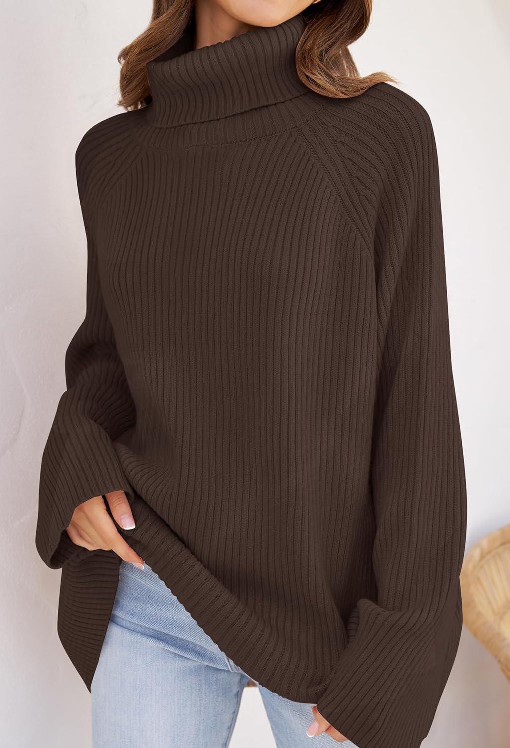 imageZESICA Womens 2026 Fall Winter Sweaters Oversized Turtleneck Long Sleeve Chunky Knitted Pullover Sweater Jumper TopsCoffee