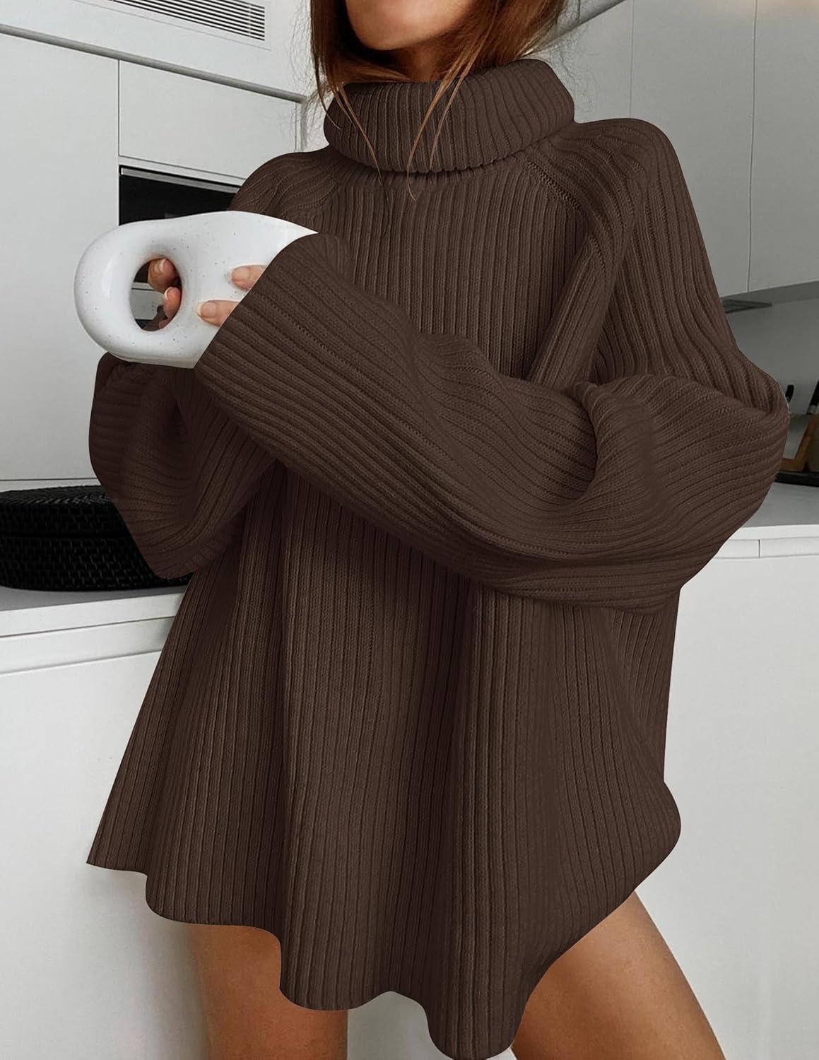 imageZESICA Womens 2026 Fall Winter Sweaters Oversized Turtleneck Long Sleeve Chunky Knitted Pullover Sweater Jumper TopsCoffee