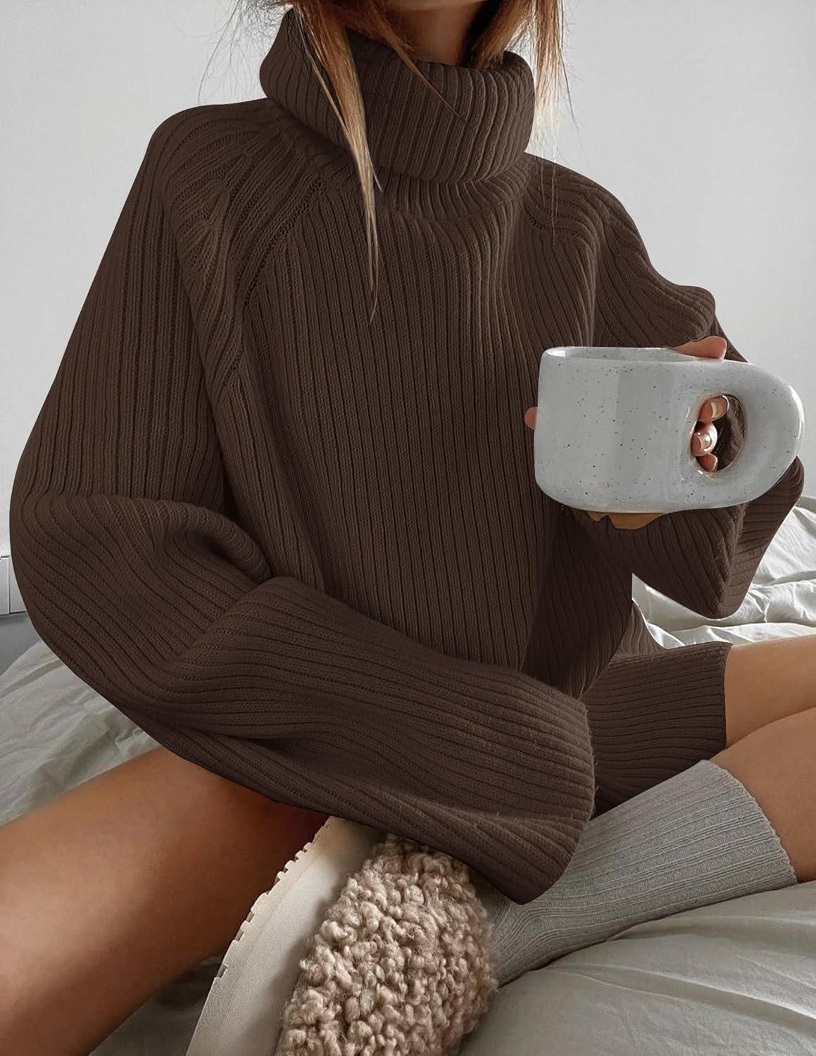 imageZESICA Womens 2026 Fall Winter Sweaters Oversized Turtleneck Long Sleeve Chunky Knitted Pullover Sweater Jumper TopsCoffee