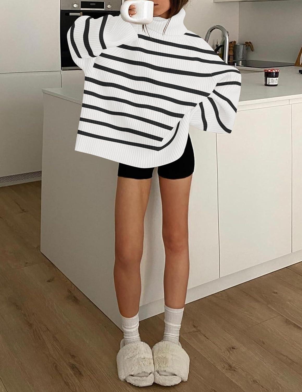 imageZESICA Womens 2026 Fall Winter Sweaters Oversized Turtleneck Long Sleeve Chunky Knitted Pullover Sweater Jumper TopsIvory