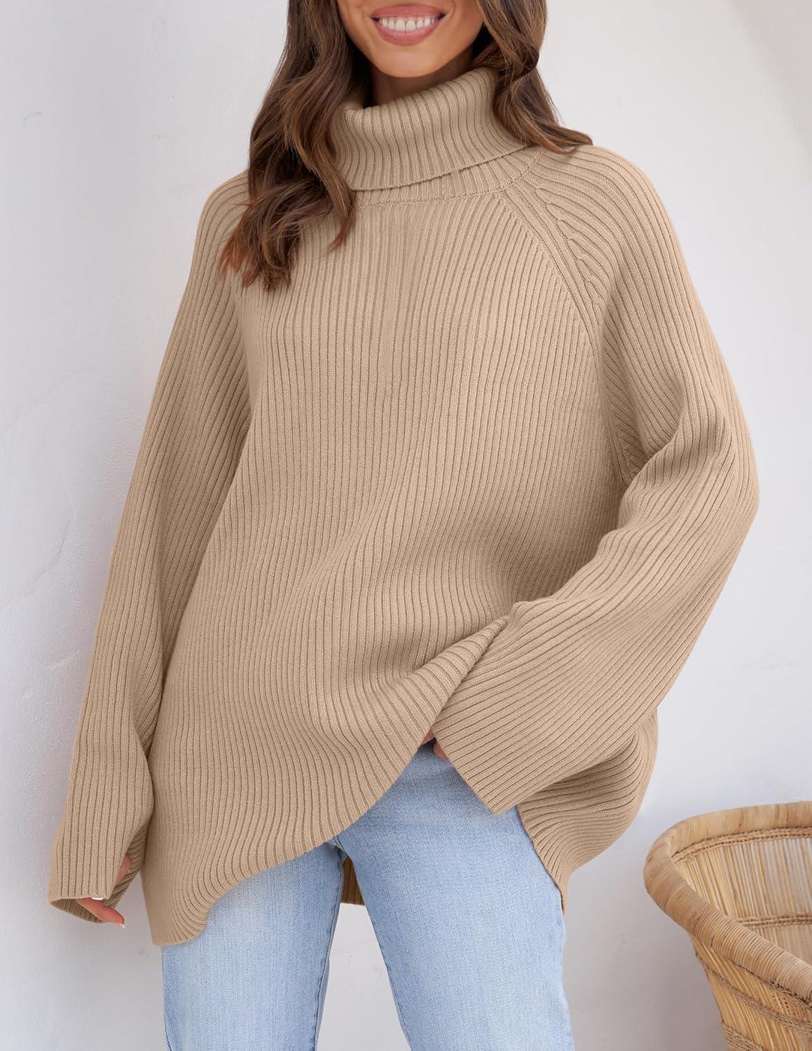 imageZESICA Womens 2026 Fall Winter Sweaters Oversized Turtleneck Long Sleeve Chunky Knitted Pullover Sweater Jumper TopsKhaki