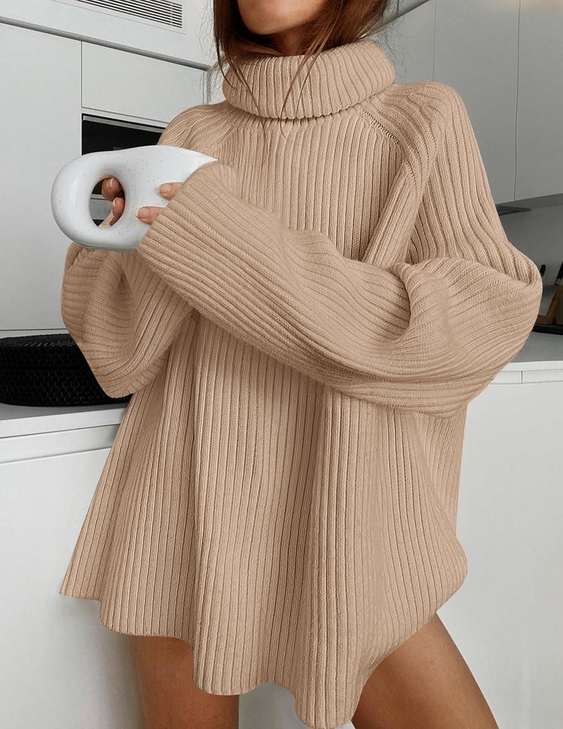 imageZESICA Womens 2026 Fall Winter Sweaters Oversized Turtleneck Long Sleeve Chunky Knitted Pullover Sweater Jumper TopsKhaki