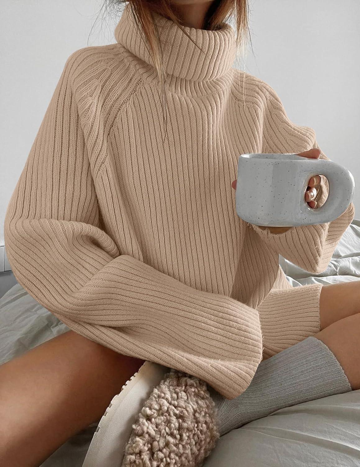 imageZESICA Womens 2026 Fall Winter Sweaters Oversized Turtleneck Long Sleeve Chunky Knitted Pullover Sweater Jumper TopsKhaki