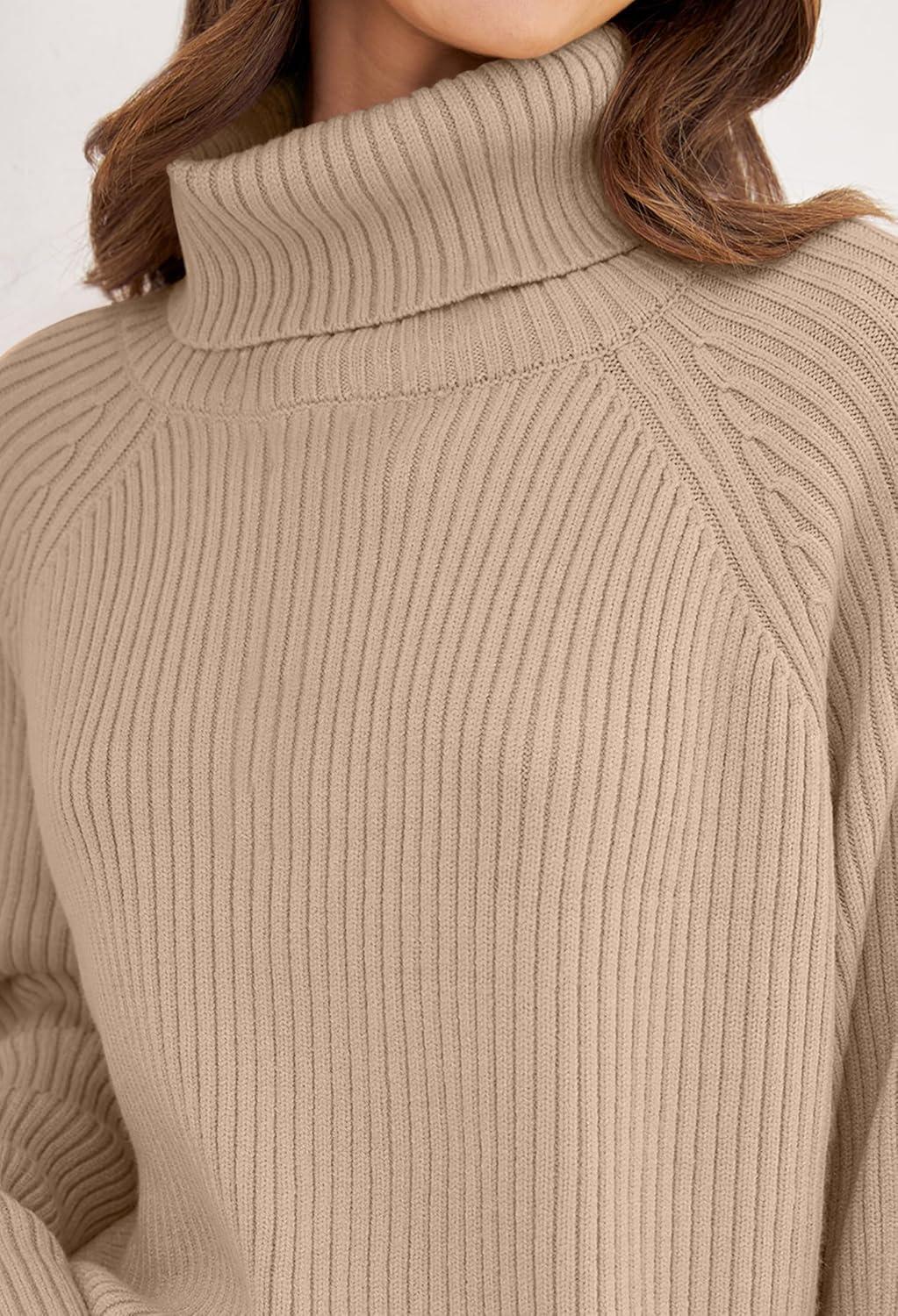imageZESICA Womens 2026 Fall Winter Sweaters Oversized Turtleneck Long Sleeve Chunky Knitted Pullover Sweater Jumper TopsKhaki