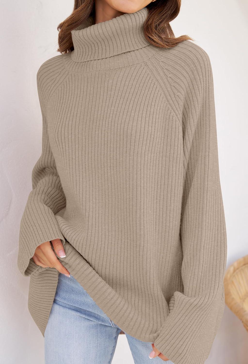 imageZESICA Womens 2026 Fall Winter Sweaters Oversized Turtleneck Long Sleeve Chunky Knitted Pullover Sweater Jumper TopsOatmeal