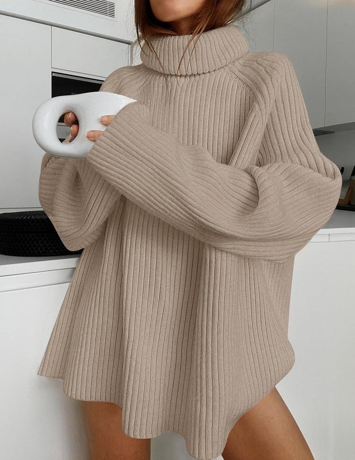 imageZESICA Womens 2026 Fall Winter Sweaters Oversized Turtleneck Long Sleeve Chunky Knitted Pullover Sweater Jumper TopsOatmeal