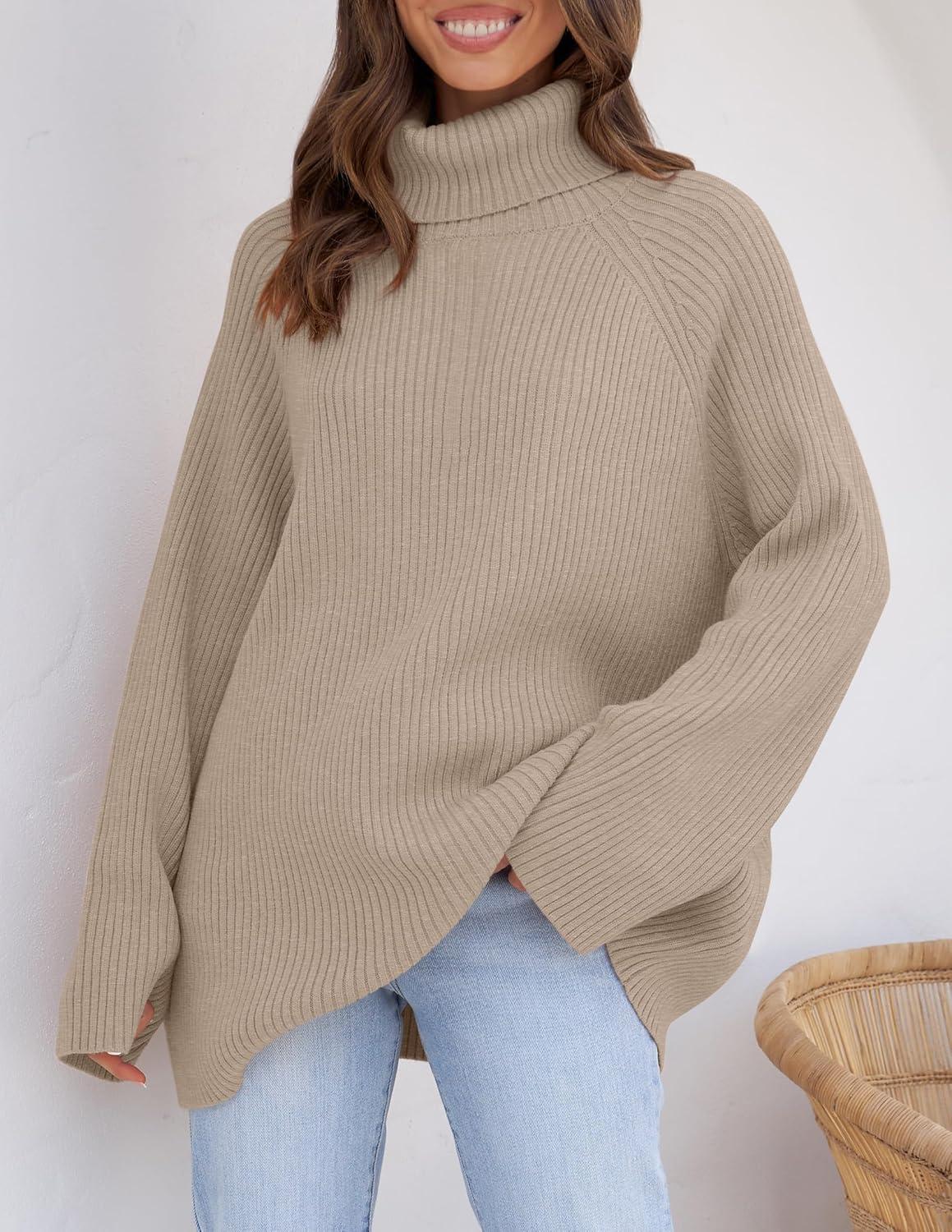 imageZESICA Womens 2026 Fall Winter Sweaters Oversized Turtleneck Long Sleeve Chunky Knitted Pullover Sweater Jumper TopsOatmeal