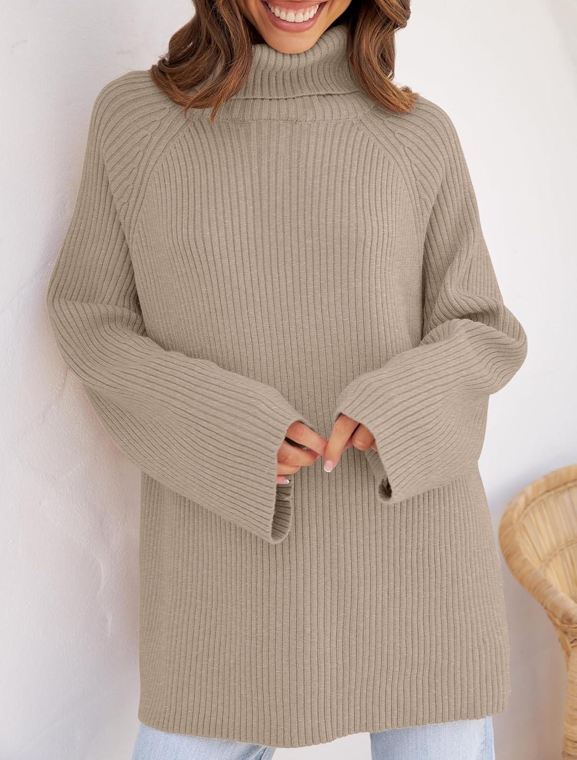 imageZESICA Womens 2026 Fall Winter Sweaters Oversized Turtleneck Long Sleeve Chunky Knitted Pullover Sweater Jumper TopsOatmeal