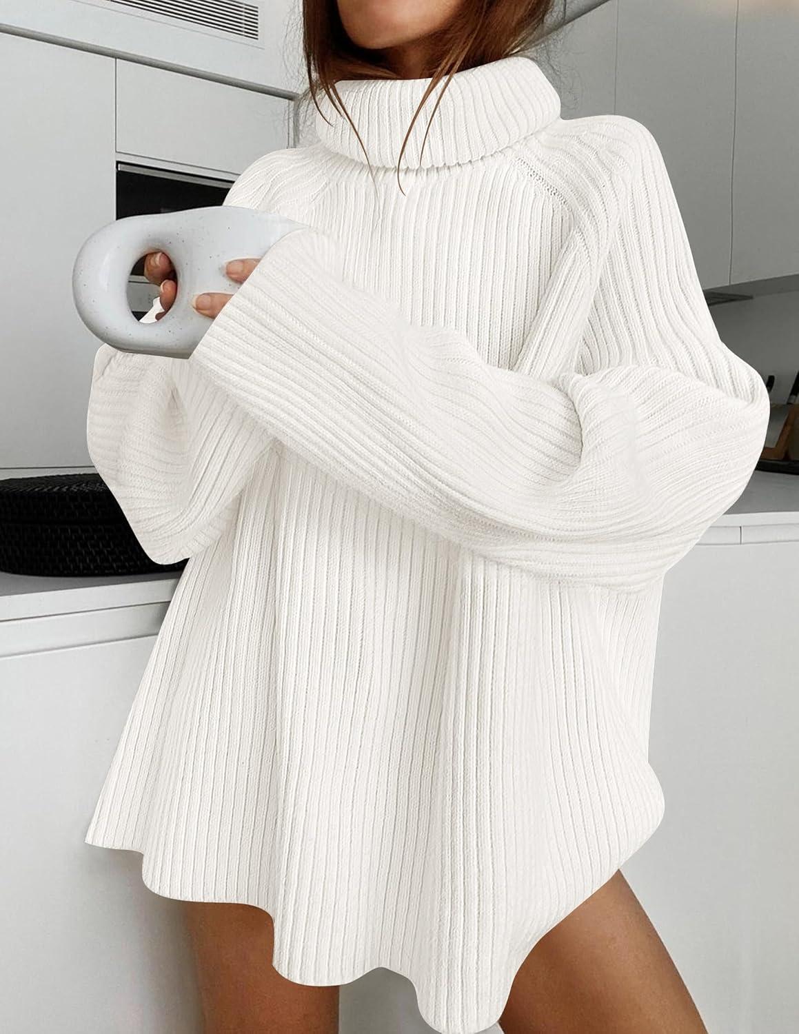 imageZESICA Womens 2026 Fall Winter Sweaters Oversized Turtleneck Long Sleeve Chunky Knitted Pullover Sweater Jumper TopsWhite