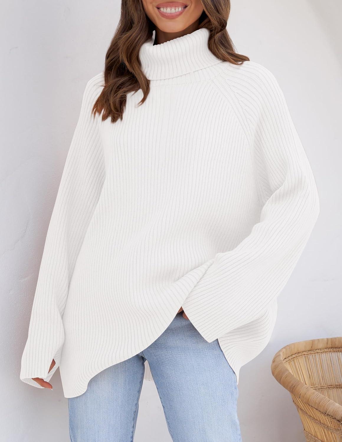 imageZESICA Womens 2026 Fall Winter Sweaters Oversized Turtleneck Long Sleeve Chunky Knitted Pullover Sweater Jumper TopsWhite