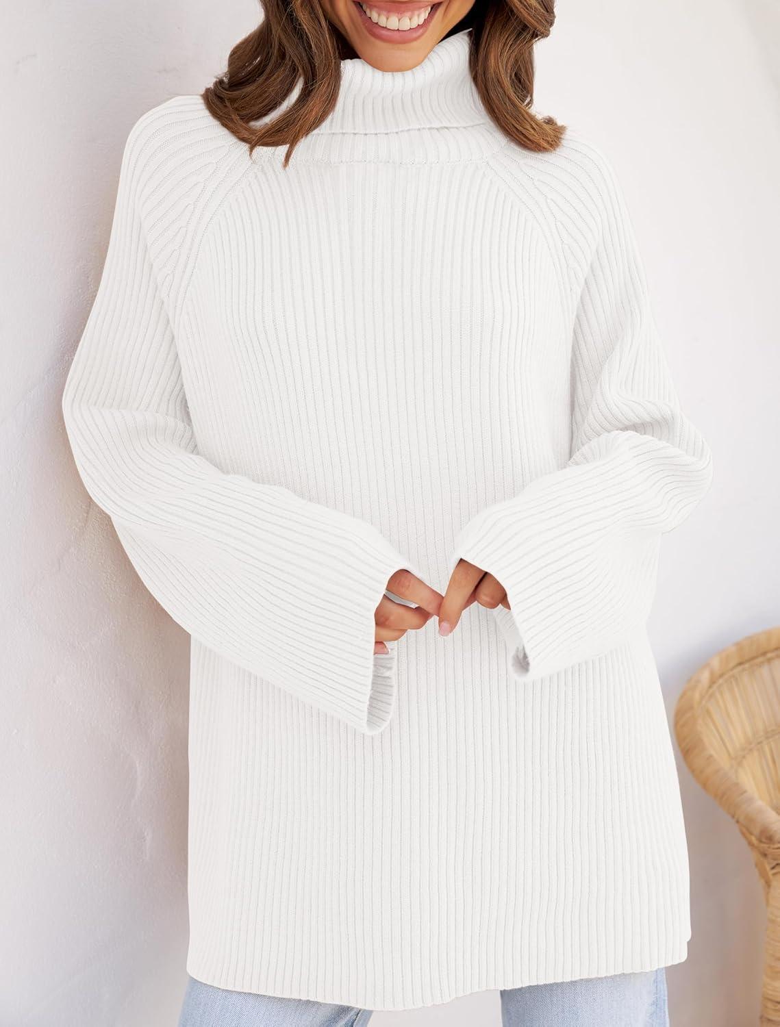 imageZESICA Womens 2026 Fall Winter Sweaters Oversized Turtleneck Long Sleeve Chunky Knitted Pullover Sweater Jumper TopsWhite