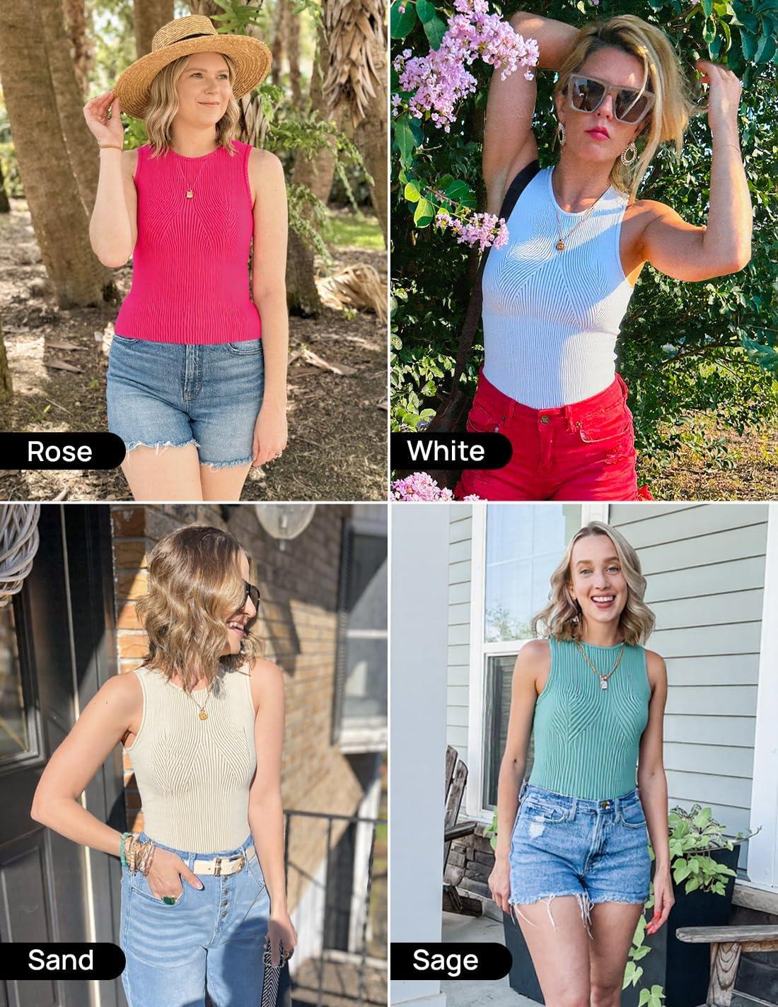 imageZESICA Womens 2026 Ribbed Tank Tops Summer Sleeveless High Neck Casual Slim Fitted Basic Knit ShirtsGreen
