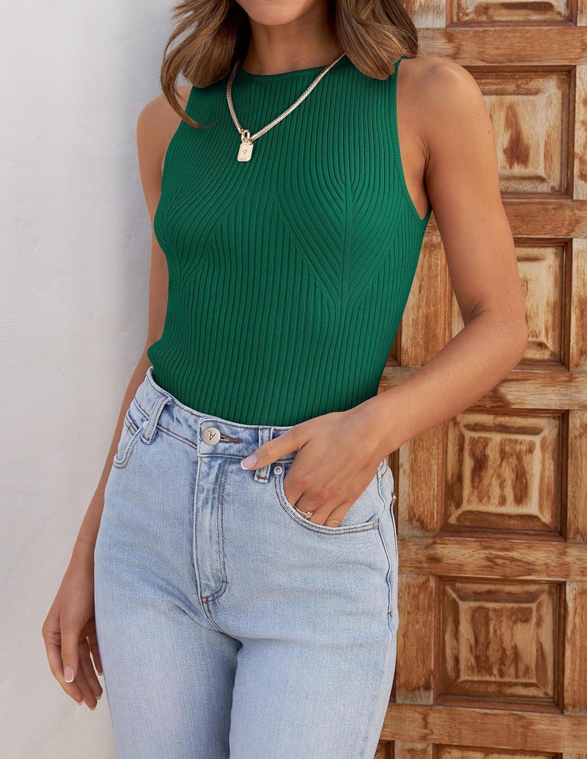 imageZESICA Womens 2026 Ribbed Tank Tops Summer Sleeveless High Neck Casual Slim Fitted Basic Knit ShirtsGreen