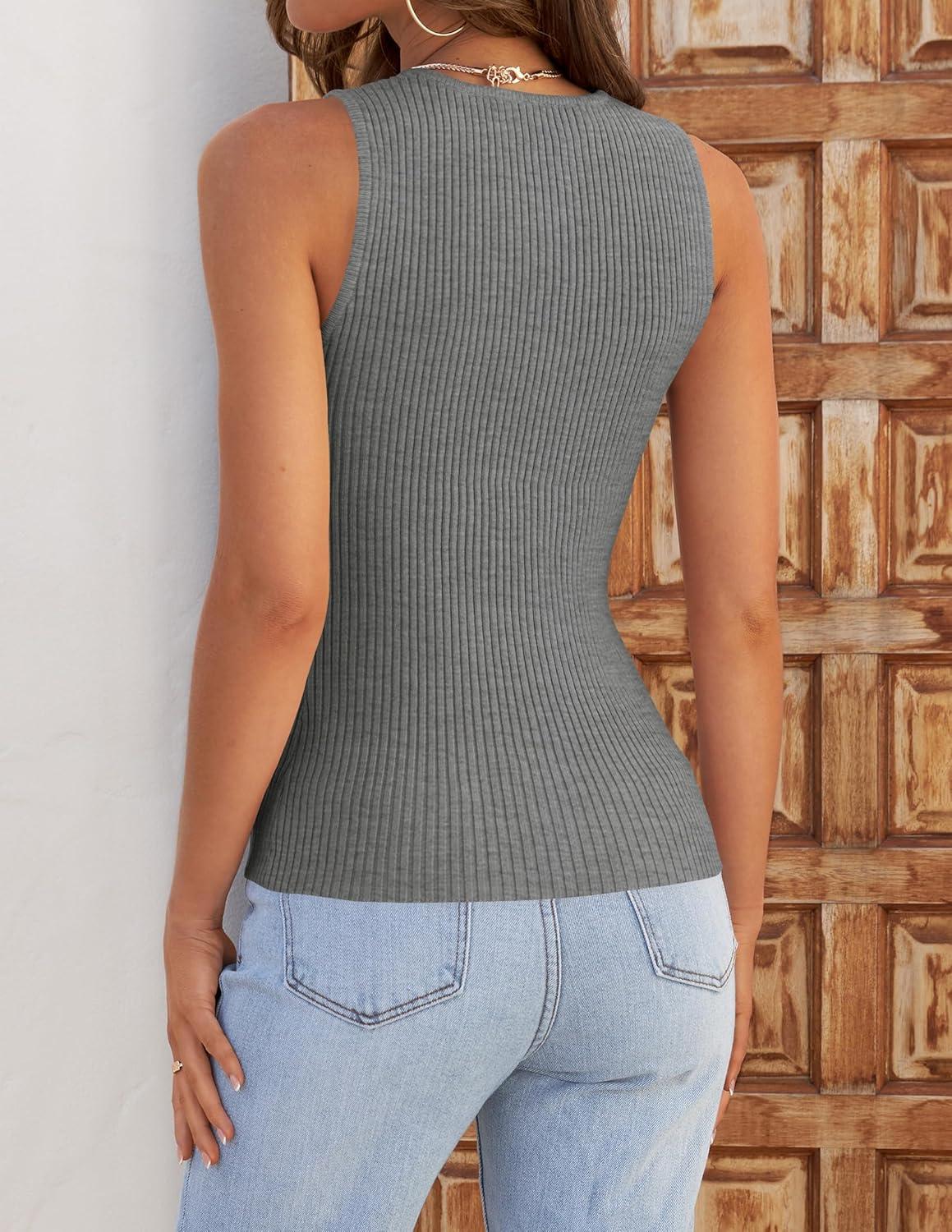imageZESICA Womens 2026 Ribbed Tank Tops Summer Sleeveless High Neck Casual Slim Fitted Basic Knit ShirtsGrey
