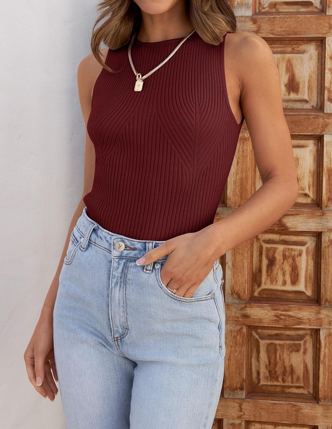 imageZESICA Womens 2026 Ribbed Tank Tops Summer Sleeveless High Neck Casual Slim Fitted Basic Knit ShirtsWine