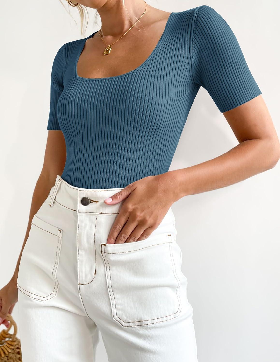 imageZESICA Womens 2026 Short Sleeve Square Neck T Shirts Slim Fitted Summer Ribbed Knit Basic Casual Tee TopsDarkblue