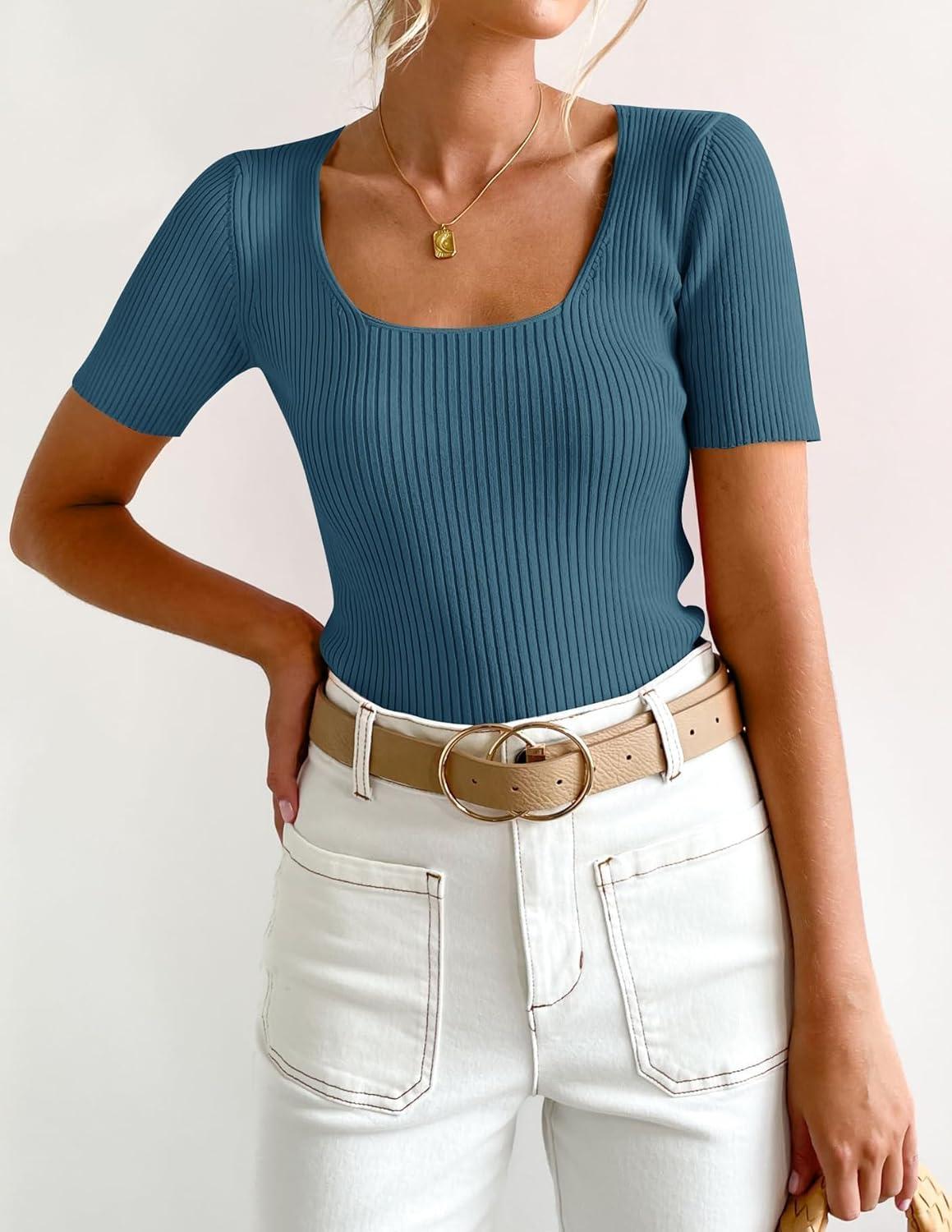 imageZESICA Womens 2026 Short Sleeve Square Neck T Shirts Slim Fitted Summer Ribbed Knit Basic Casual Tee TopsDarkblue