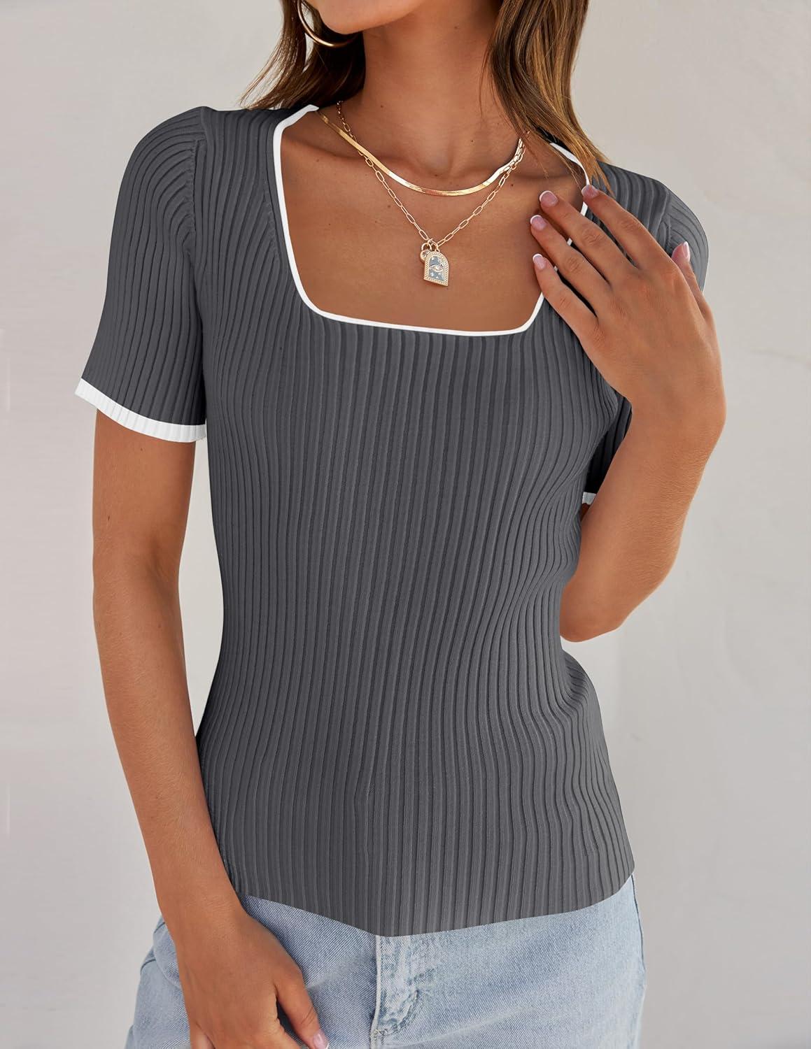imageZESICA Womens 2026 Short Sleeve Square Neck T Shirts Slim Fitted Summer Ribbed Knit Basic Casual Tee TopsDarkgrey